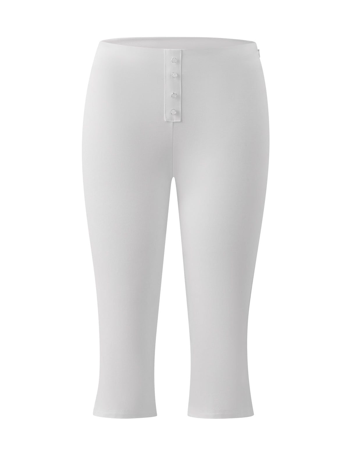 The IDINA CAPRI - IVORY from TIGERMIST are high-waisted, cropped leggings crafted from smooth ponte fabric, featuring a buttoned front placket. With no visible pockets or branding, these ivory capri pants are displayed against a plain white background.