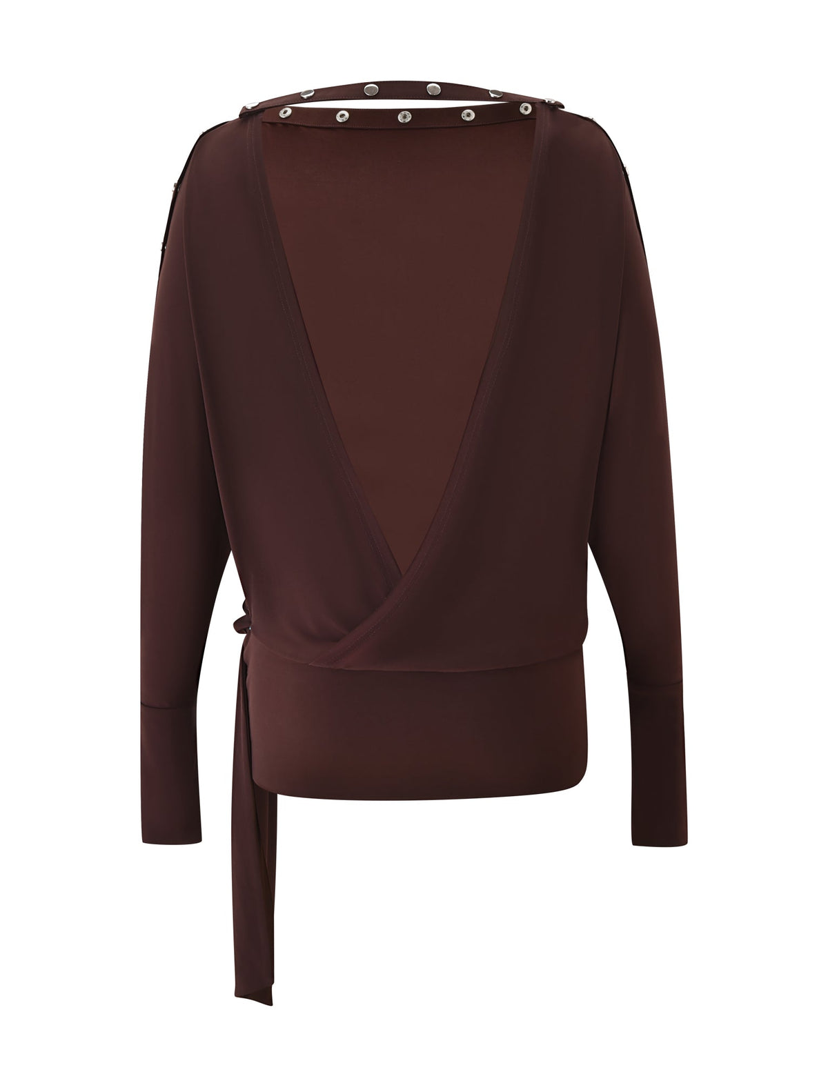 Elevate your look with the TIGERMIST RAVENNA LONG SLEEVE MINI DRESS in Dark Chocolate—a chic long-sleeve dress featuring a deep V-neckline, left-side tie detail, and silver grommet accents along the inside of the neckline. This effortlessly stylish piece pairs perfectly with a dark brown boat neck dress or your favorite bodycon mini dress for a versatile layered ensemble.