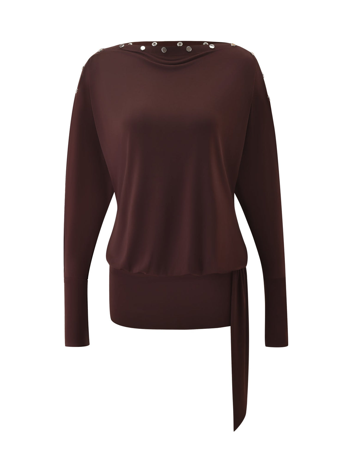 Perfect for a chic layered look, the TIGERMIST RAVENNA LONG SLEEVE MINI DRESS in dark chocolate features long sleeves, a draped fit, button detailing along the neckline, and an asymmetrical hem with a side tie—ideal for pairing with your favorite bodycon pieces.