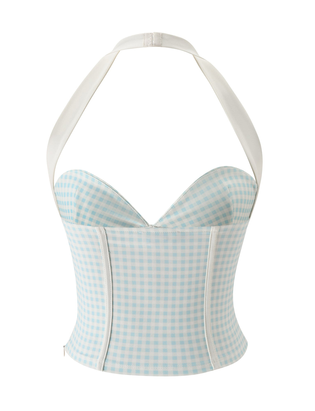 The ELISA CORSET TOP - BLUE GINGHAM by TIGERMIST features a blue gingham design with sweetheart bust cups, a flattering sweetheart neckline, and a wide white halter neck strap, displayed on a white background.