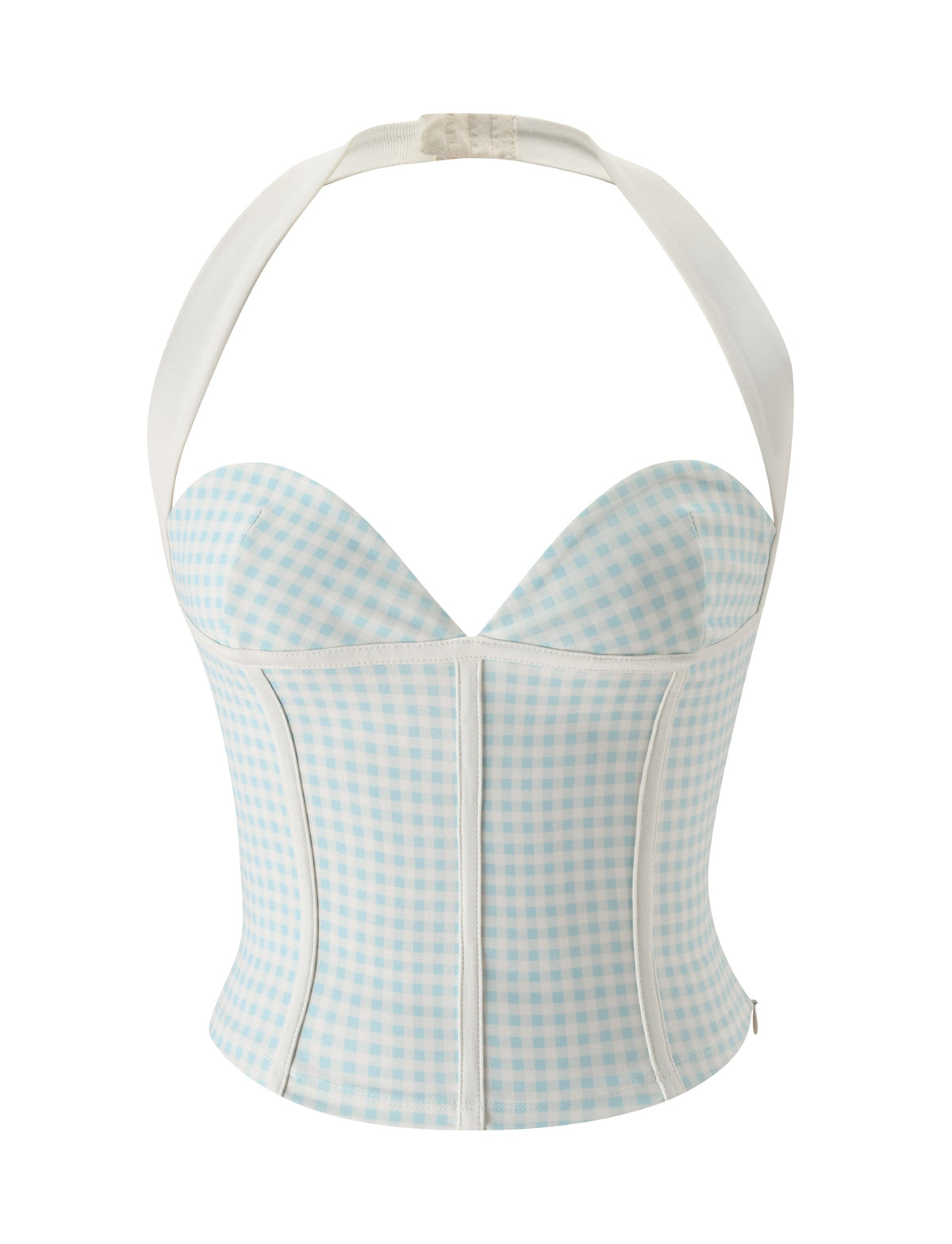 The ELISA CORSET TOP by TIGERMIST features a light blue and white gingham pattern, sweetheart bust cups, structured seams, and a secure halter neck strap fastened at the neck.