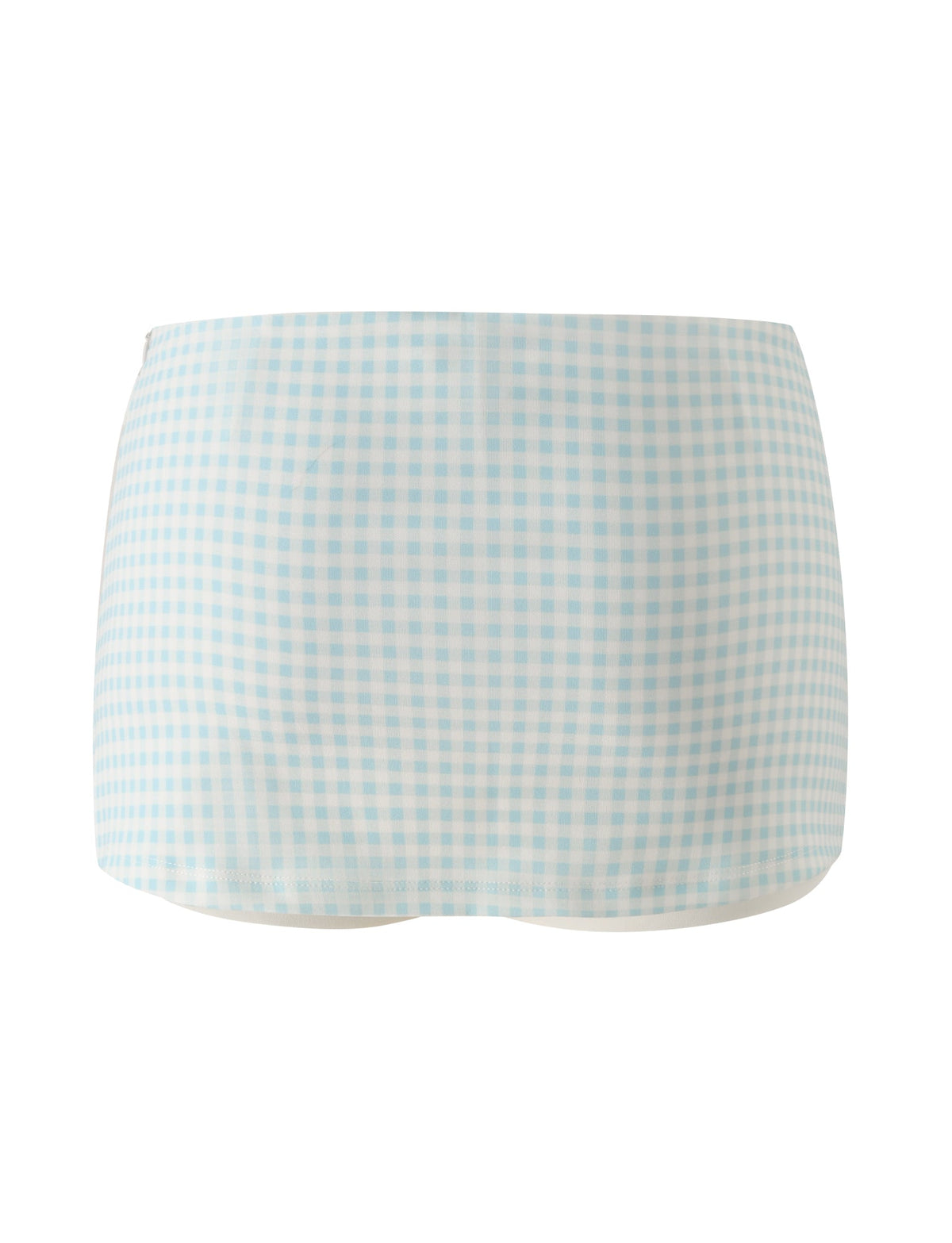 The TIGERMIST ELISA MINI SKORT in blue gingham, featuring a high-waisted silhouette and a classic blue and white gingham pattern, is displayed against a white background.