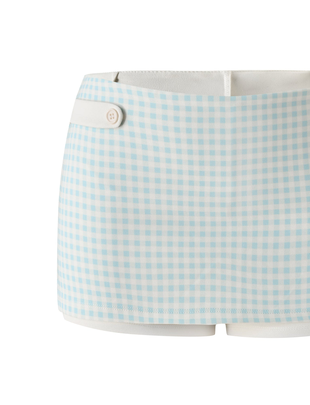 The ELISA MINI SKORT - BLUE GINGHAM by TIGERMIST features a light blue and white checkered design with stylish side button detailing, making it the perfect blue gingham mini skort for your next garden party. Shown here on a white background.