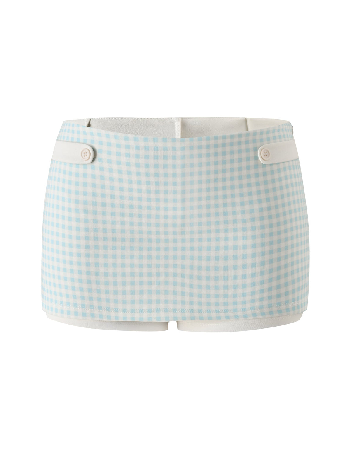The ELISA MINI SKORT - BLUE GINGHAM by TIGERMIST is a light blue and white gingham low-rise mini skort featuring two white buttons at the waistband, shown against a white background.