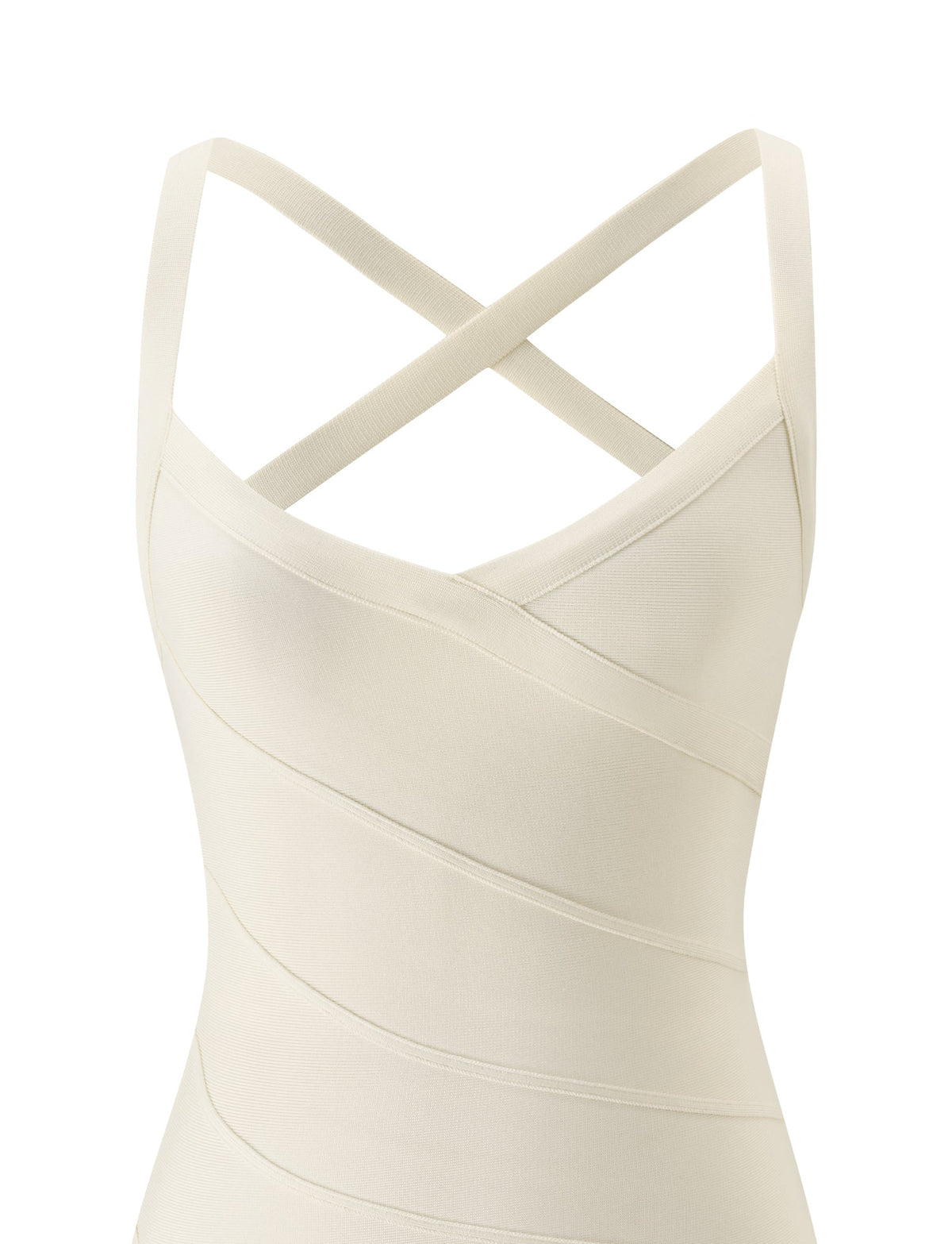 The LOUISE BANDAGE MINI DRESS in cream by TIGERMIST features spaghetti straps that cross at the back, a fitted bodice, and diagonal seam detailing for a flattering bodycon fit in smooth, stretchy fabric. The upper section of this bandage mini dress is visible.