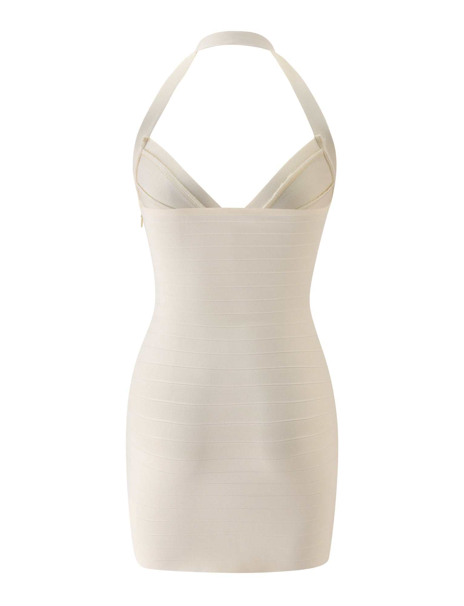 The SYDEL MINI BANDAGE DRESS by TIGERMIST is a cream-colored, sleeveless mini dress featuring a halter neckline and a form-fitting bandage design, displayed on a plain white background.