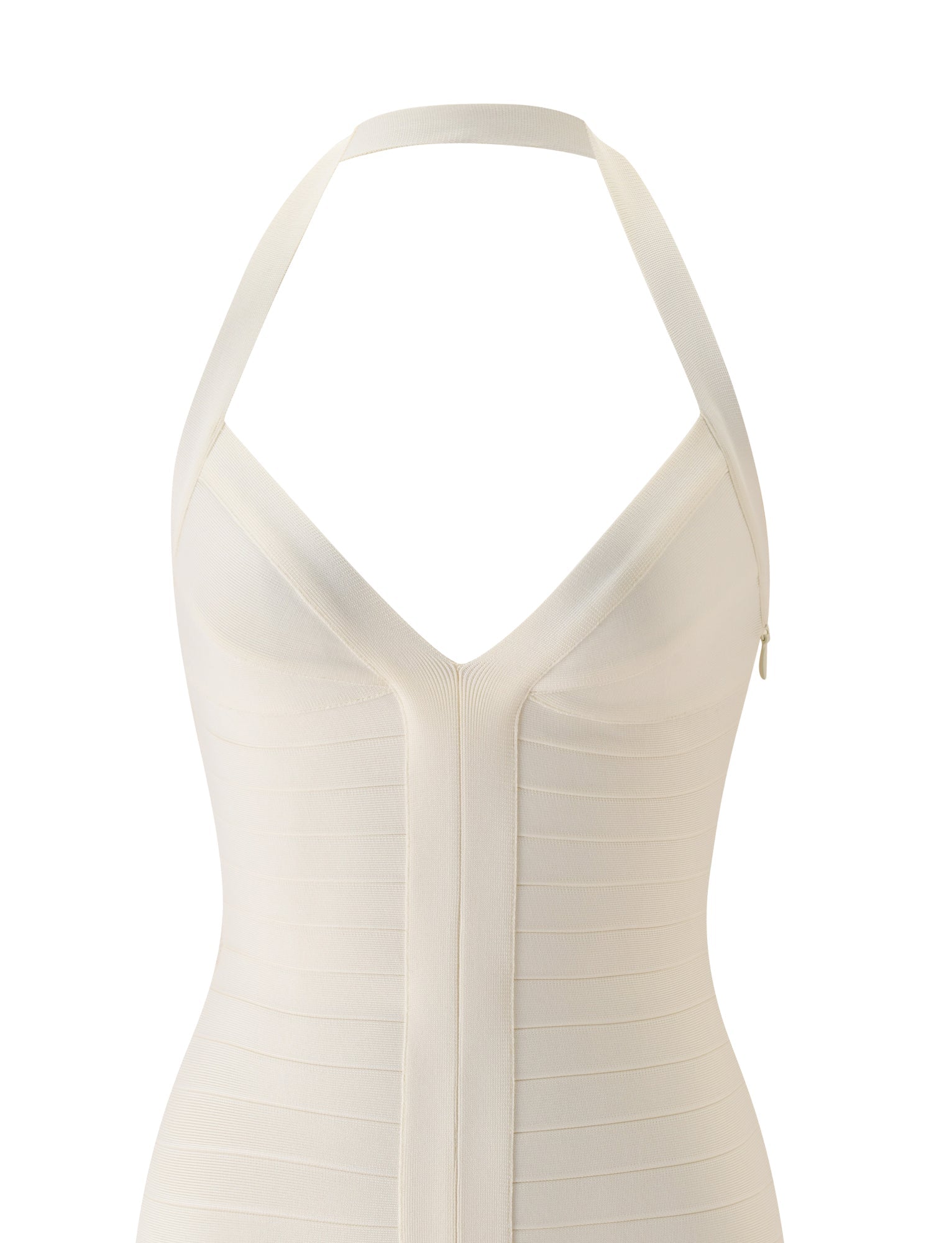 Close-up of the SYDEL MINI BANDAGE DRESS in cream by TIGERMIST, a fitted sleeveless mini dress featuring a halter neckline and vertical ribbed detailing for a chic and flattering bodycon silhouette.