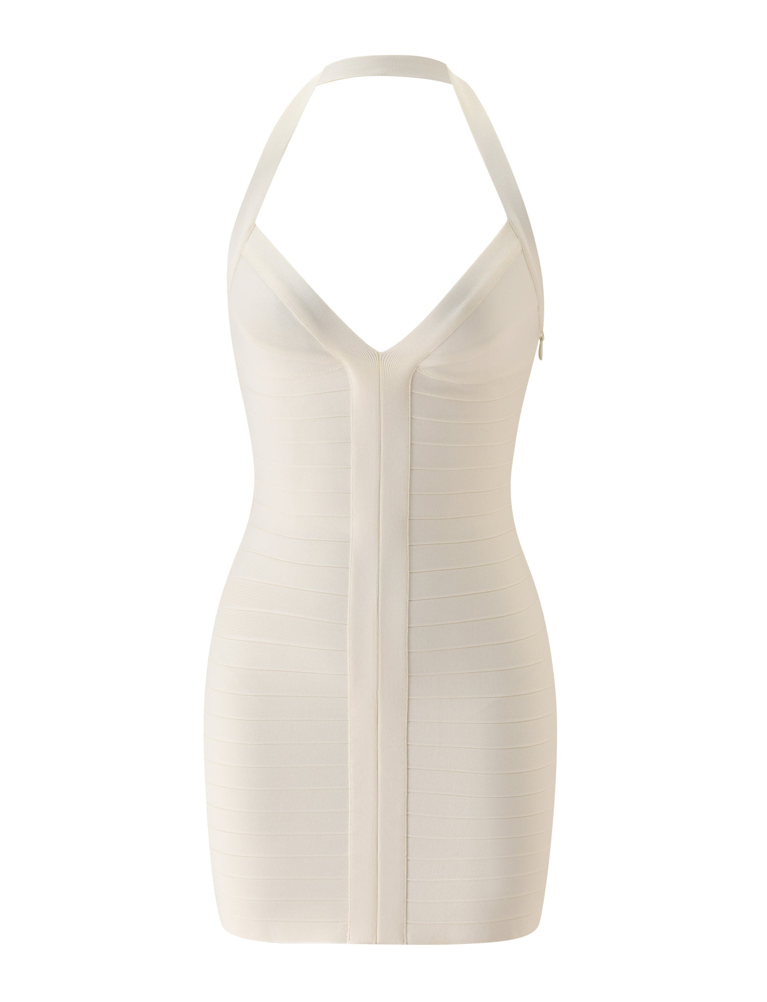The SYDEL MINI BANDAGE DRESS by TIGERMIST in cream features a sleeveless, fitted silhouette with a halter neckline and vertical center-front seams. Displayed against a plain white background, this chic bodycon mini dress elegantly accentuates your figure for a modern look.