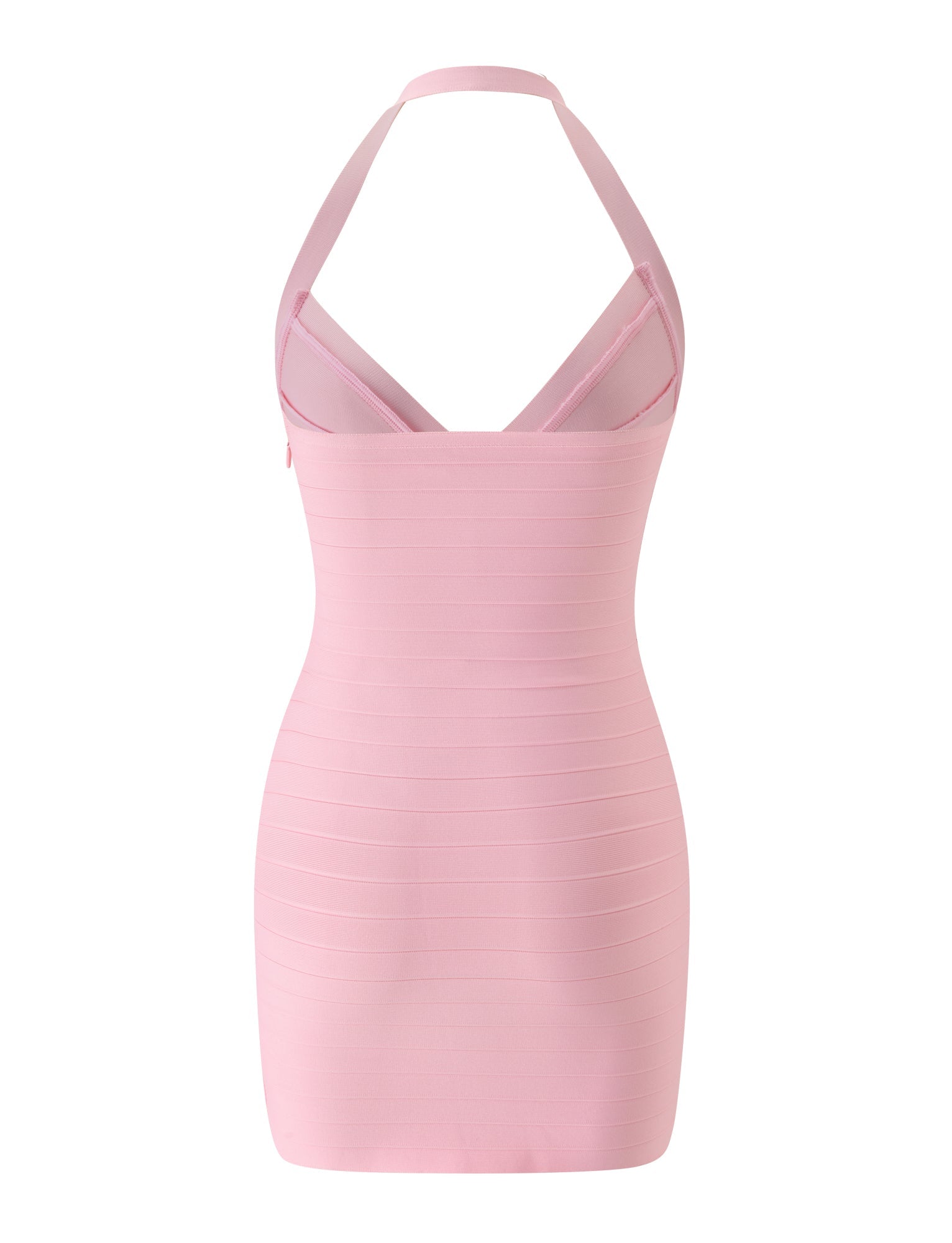 The SYDEL MINI BANDAGE DRESS in Pink Peony by TIGERMIST is a light pink, form-fitting mini dress with a sleeveless halter v-neckline, a fitted bust, bandage-style horizontal lines, and a short hemline, displayed against a white background.