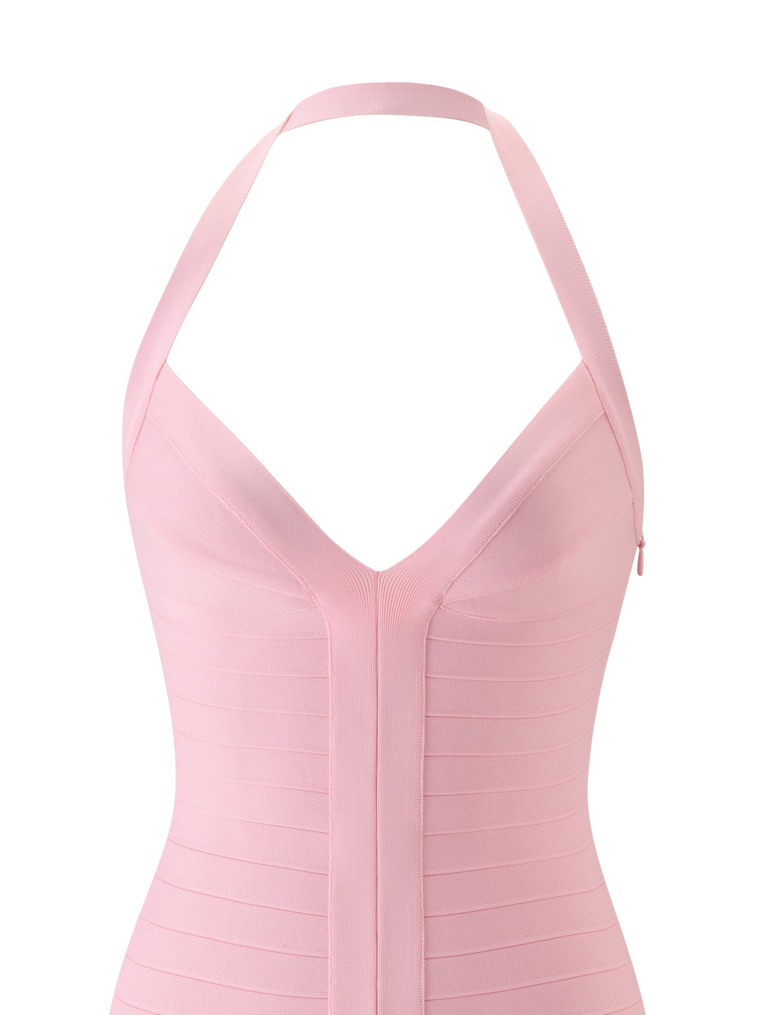 The SYDEL MINI BANDAGE DRESS in Pink Peony by TIGERMIST is a light pink, sleeveless halter mini dress featuring thick straps, a deep V neckline, and bandage-style horizontal paneling for a fitted silhouette—shown against a plain white background.