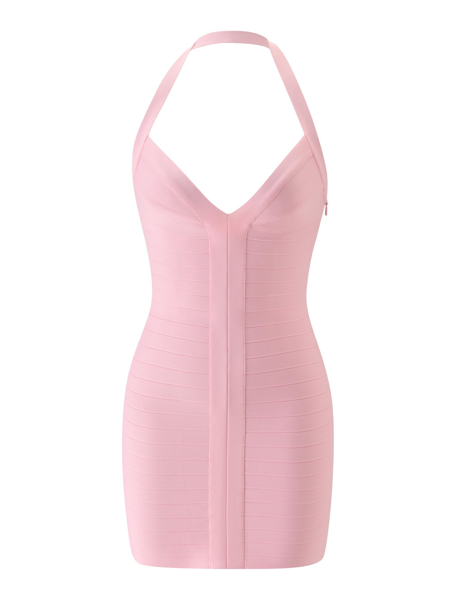 The SYDEL MINI BANDAGE DRESS - PINK PEONY by TIGERMIST is a sleeveless, light pink halter dress featuring a deep v-neckline, form-fitting silhouette, and vertical panel detailing down the center.