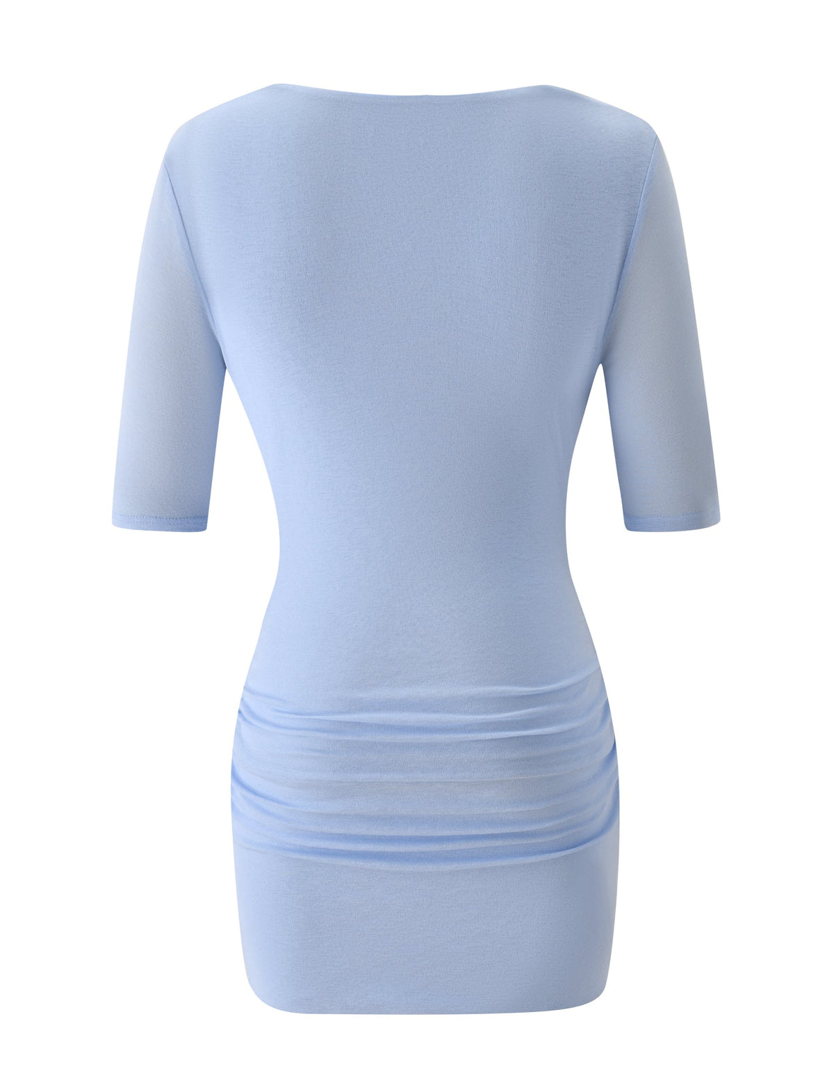 Back view of the powder blue MADELYN MINI DRESS, a ruched knit mini dress featuring elbow-length sleeves and gathered detail at the hips.