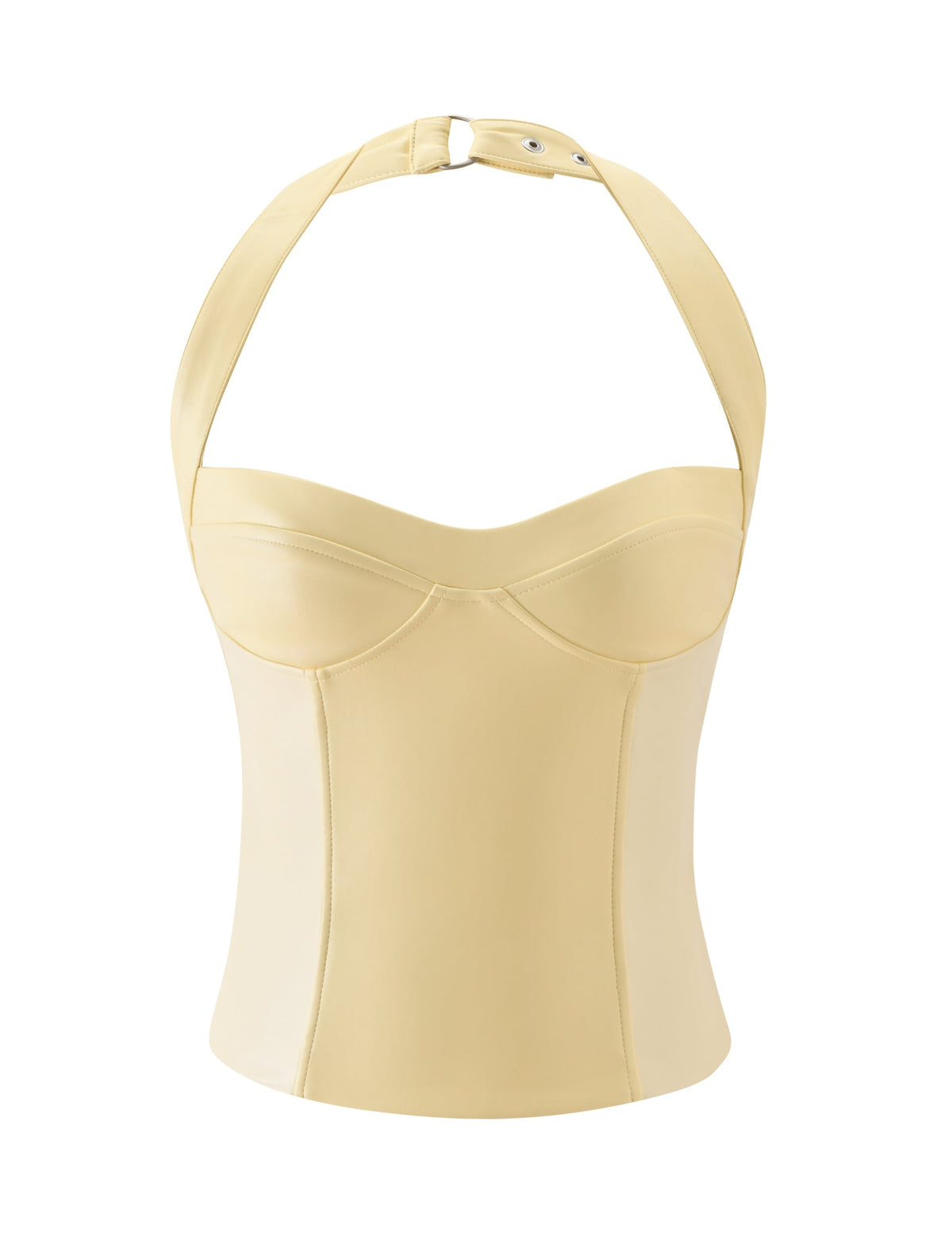 The EMERALD 2.0 TOP - BUTTER YELLOW by TIGERMIST is a faux leather corset top with a halter neck, underwire cups, and seam detailing, shown against a white background.