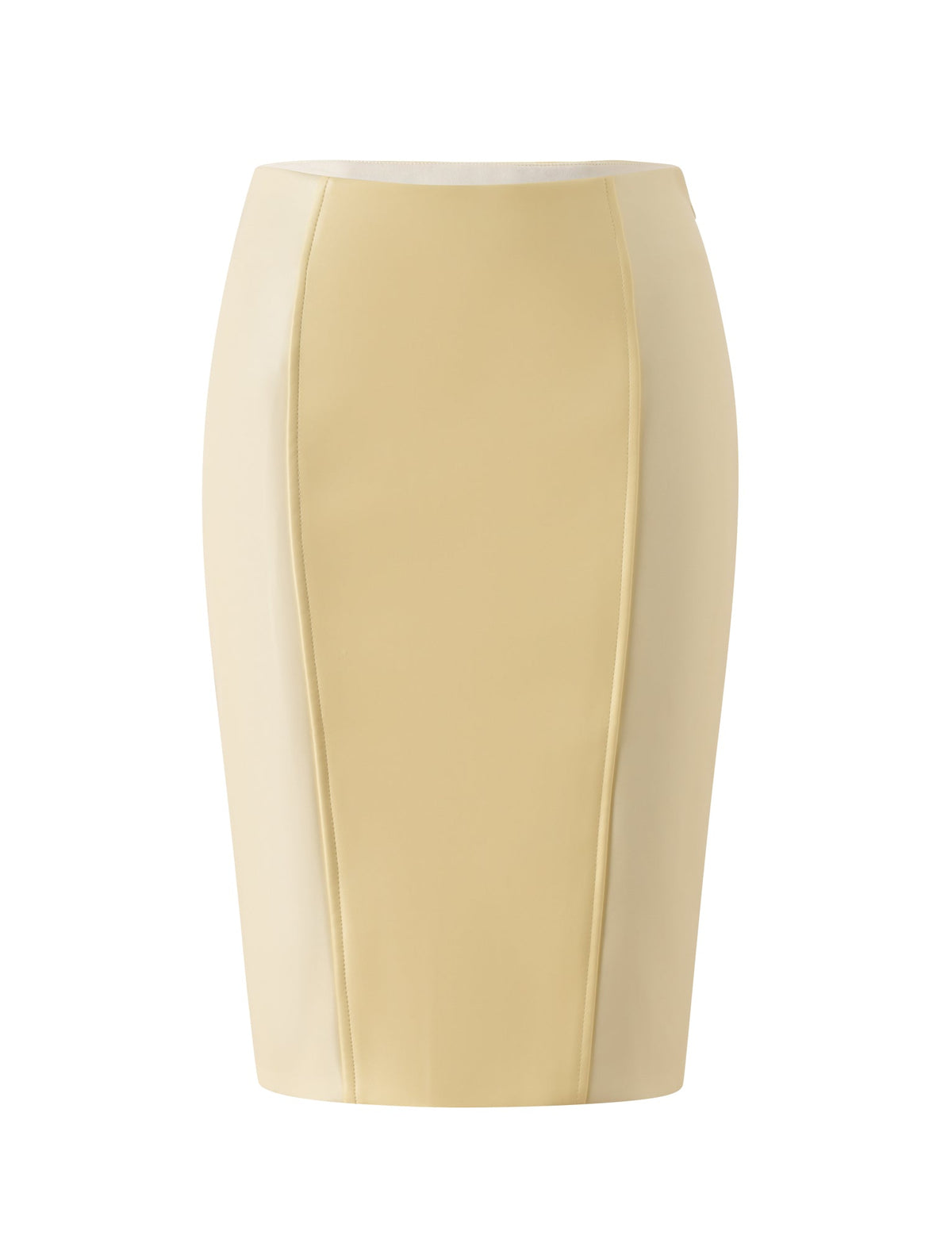EMERALD MIDI SKIRT - BUTTER YELLOW by TIGERMIST is a high-waisted, knee-length pencil skirt with subtle vertical seam details and a classic column silhouette, displayed against a white background.