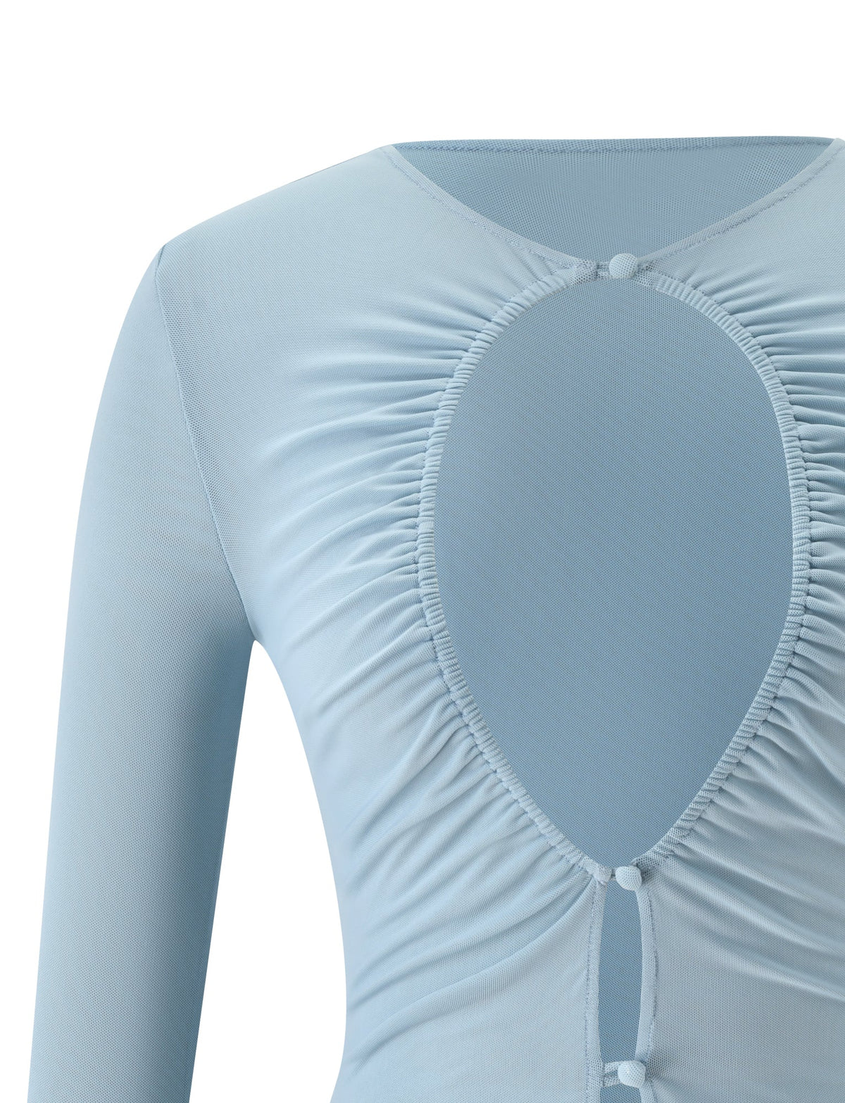 Dusty blue ELLIOT TOP - DUSTY BLUE featuring a three-quarter sleeve design, a large oval chest cutout, gathered fabric, and small button closures.