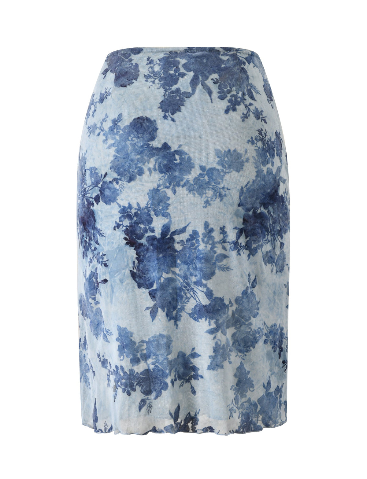 ELLIOT MIDI SKIRT - DUSTY BLUE in a 90′s column silhouette featuring a dark blue floral print.