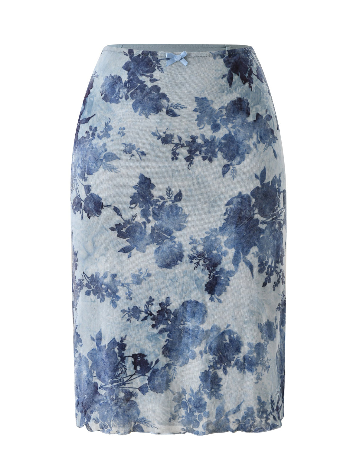 ELLIOT MIDI SKIRT - DUSTY BLUE in a floral print with a 90′s column silhouette and a small ribbon bow at the center of the waistband.