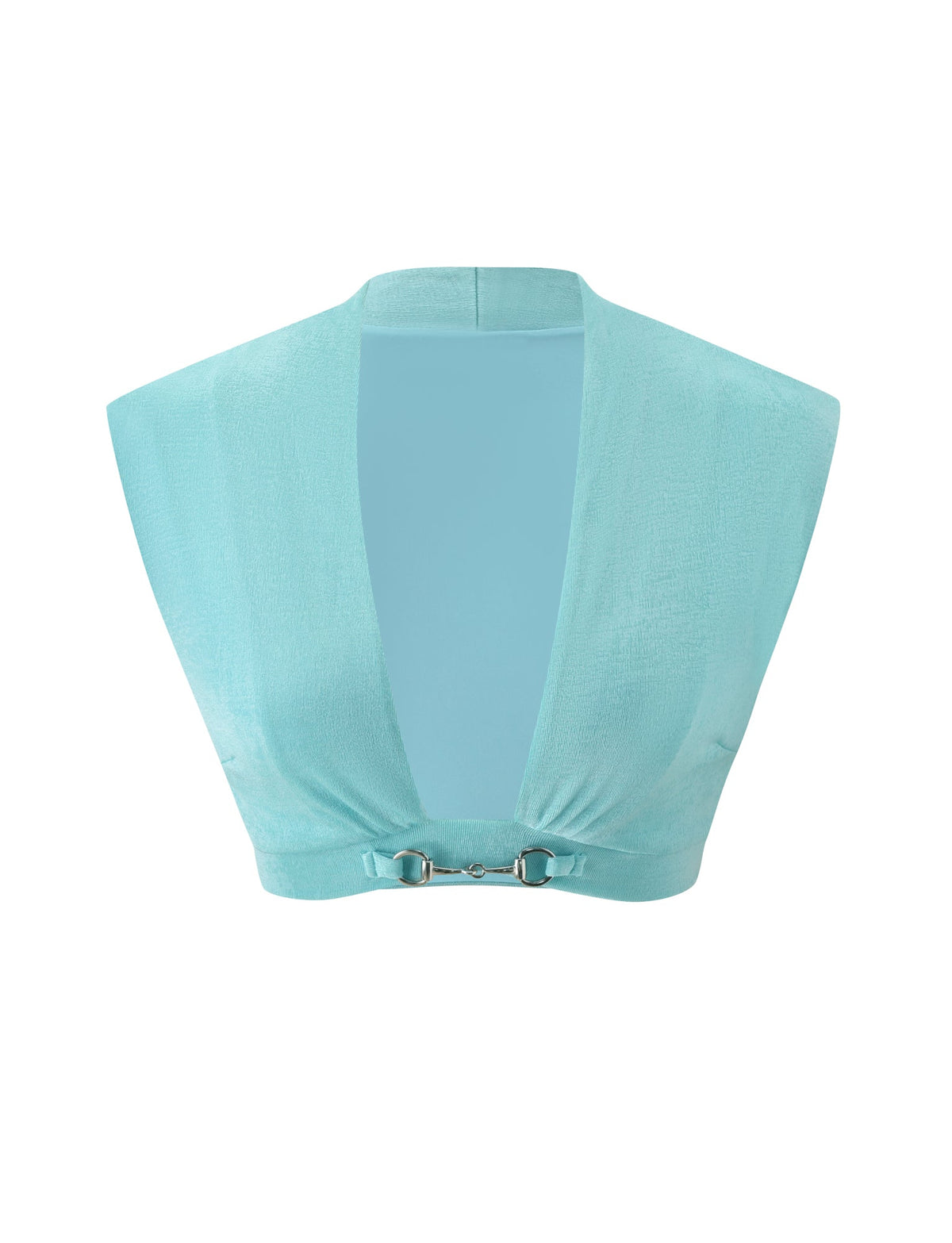 RAE TOP - AQUA knit crop top in sparkle aqua with a deep V-neckline and a silver-tone metal horsebit detail at the hem.