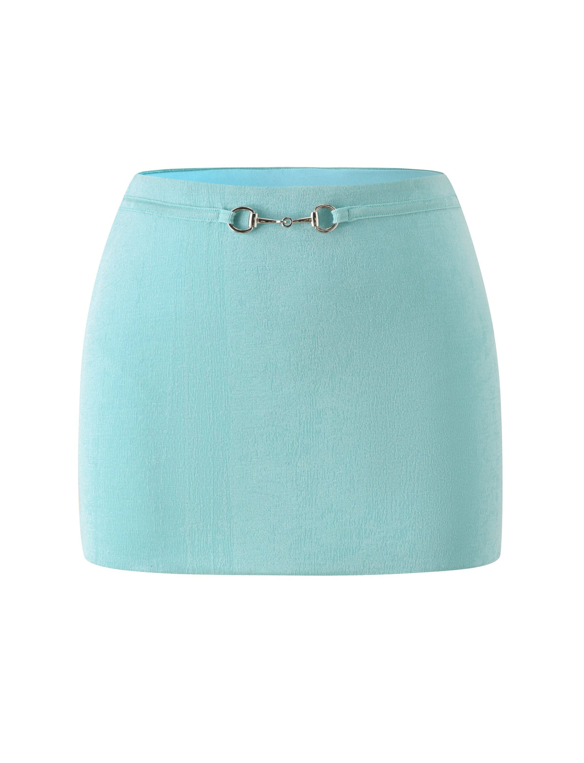RAE MINI SKIRT - AQUA in a sparkle knit fabric, featuring a silver-toned metal horsebit detail at the waistband.