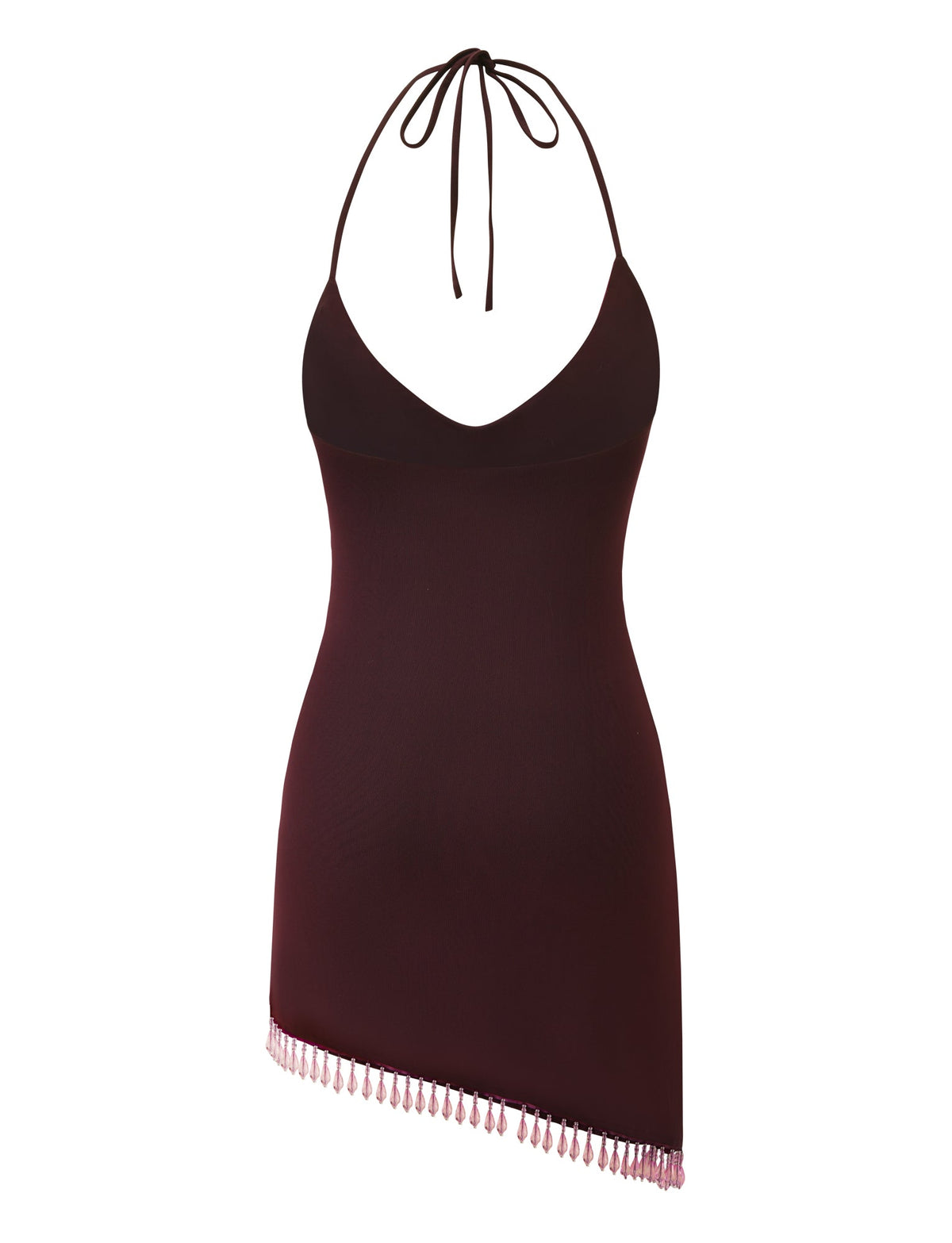 NELLIE MINI DRESS - CHOCOLATE in dark brown, featuring a beaded halter neckline and an asymmetrical hemline accented by pink fringe.