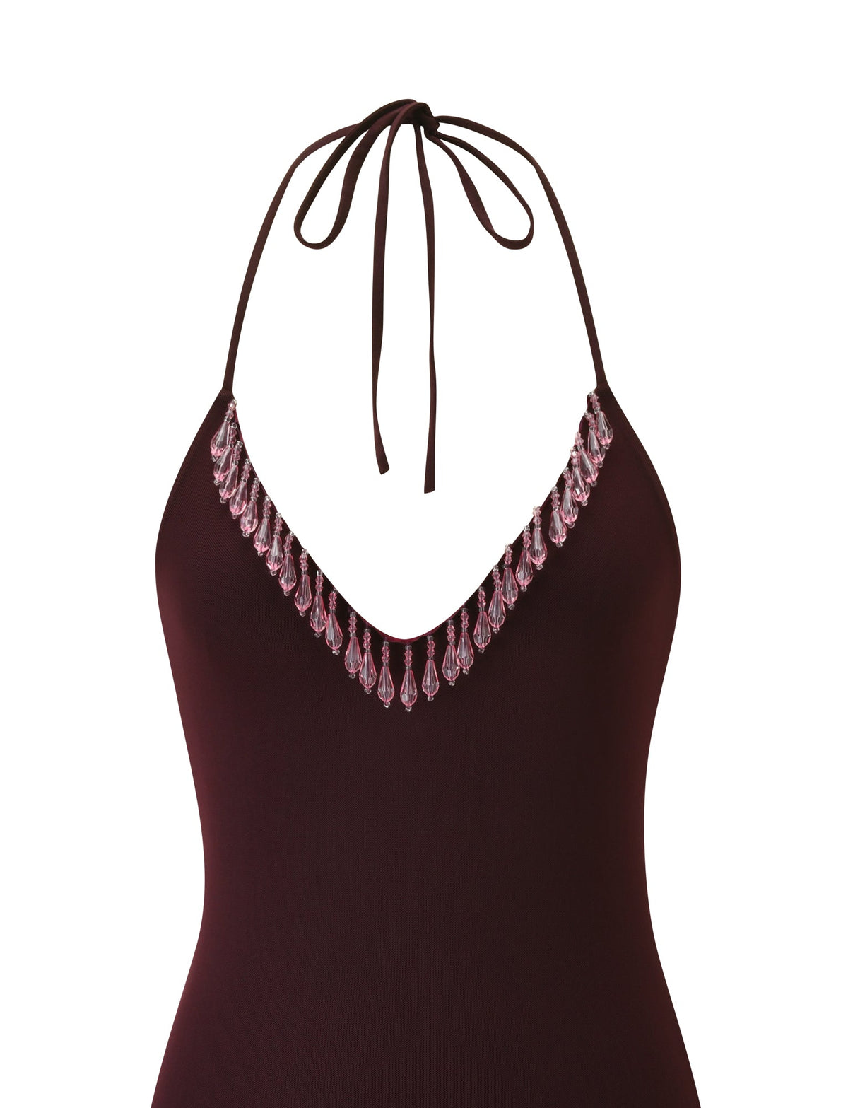 NELLIE MINI DRESS - CHOCOLATE bodycon mini dress featuring a halter V-neckline adorned with hanging pink crystal-style beads.