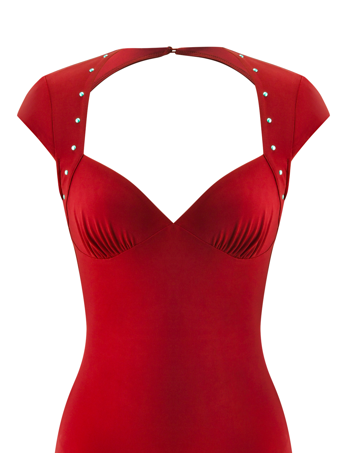 ROSALIE MINI DRESS - RED: a red bodycon mini dress featuring a sweetheart neckline, cap sleeves, and studded shoulder straps with small rhinestone embellishments.