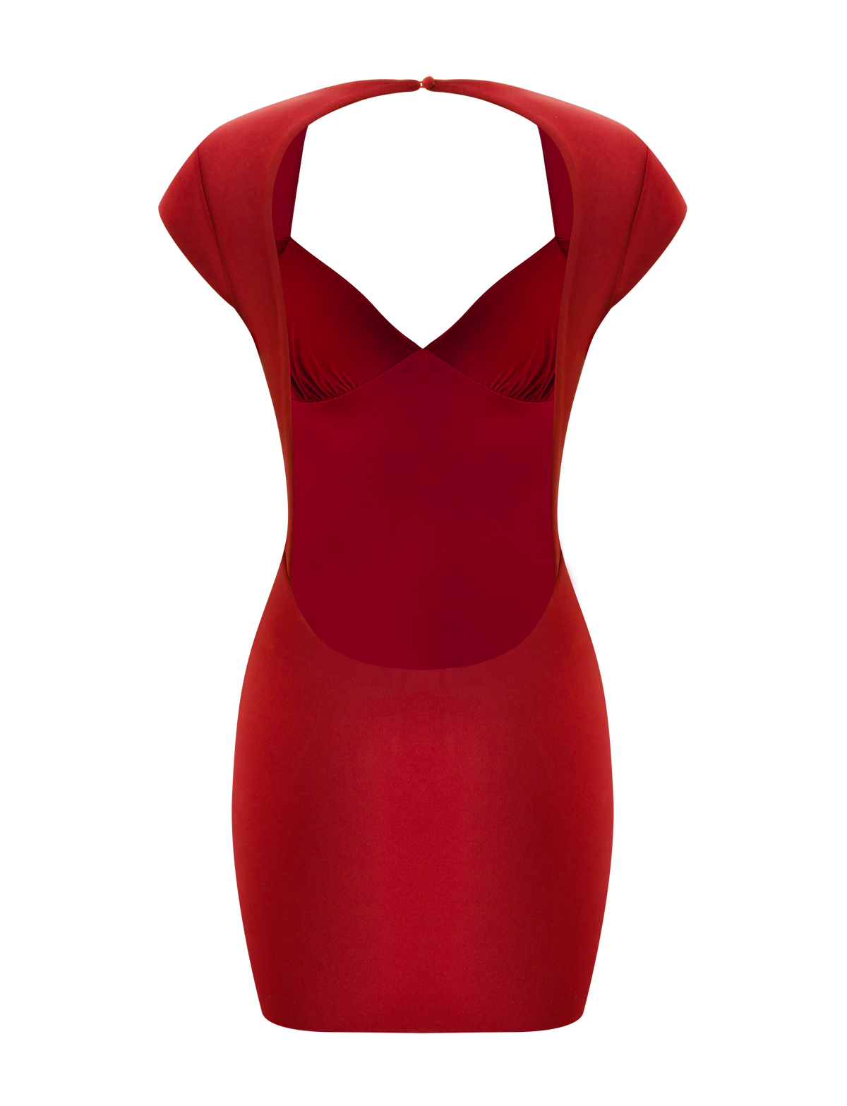ROSALIE MINI DRESS - RED in a red bodycon mini style featuring a sweetheart neckline, studded cap sleeves, and an open back.