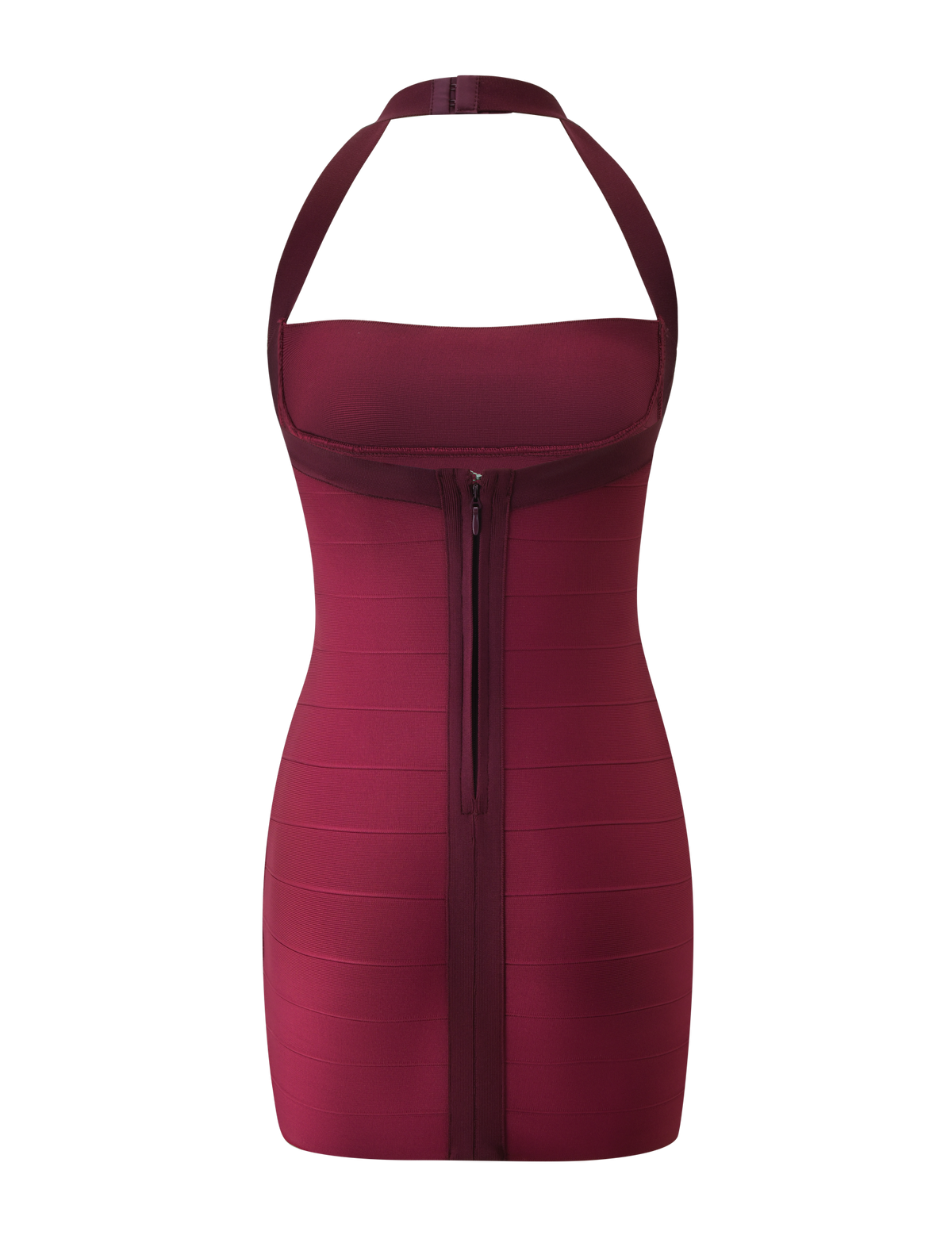 TIGERMIST’s ELEANOR BANDAGE MINI DRESS in Cabernet is a sleeveless, deep red mini dress with a bodycon fit, designed with a halter neckline and a visible front zipper that runs from the bust to the hem.