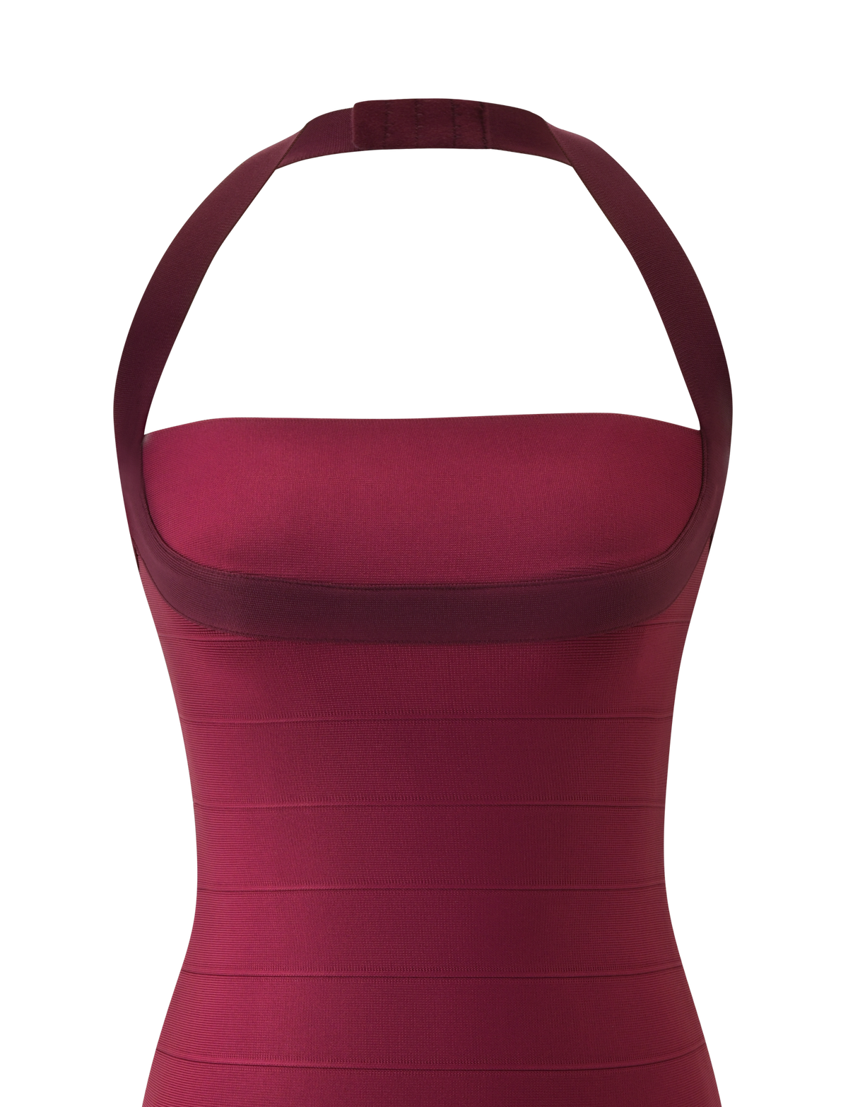 A close-up of the ELEANOR BANDAGE MINI DRESS in Cabernet by TIGERMIST, featuring a sleeveless bodycon silhouette, wide halter neckline, and horizontal banded detailing.