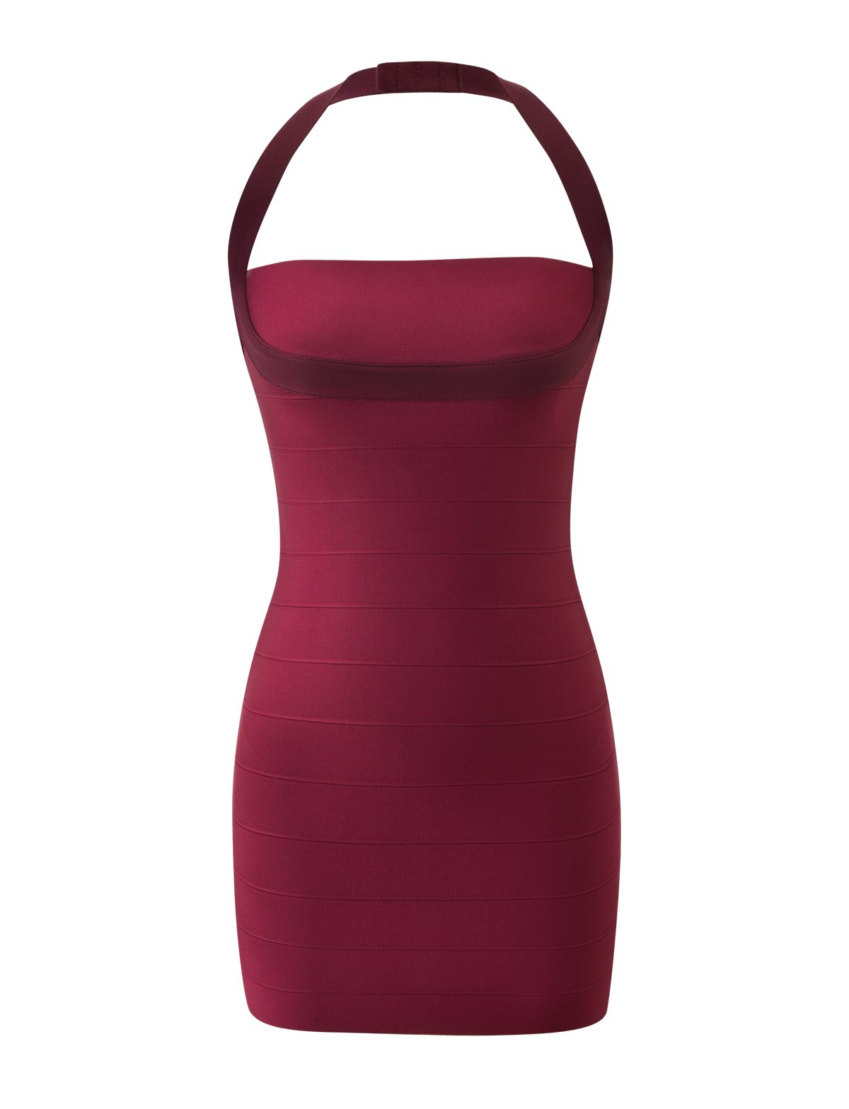 The ELEANOR BANDAGE MINI DRESS in Cabernet by TIGERMIST is a sleeveless, form-fitting mini dress featuring a bodycon fit and a wide halter neckline, displayed on a plain white background.