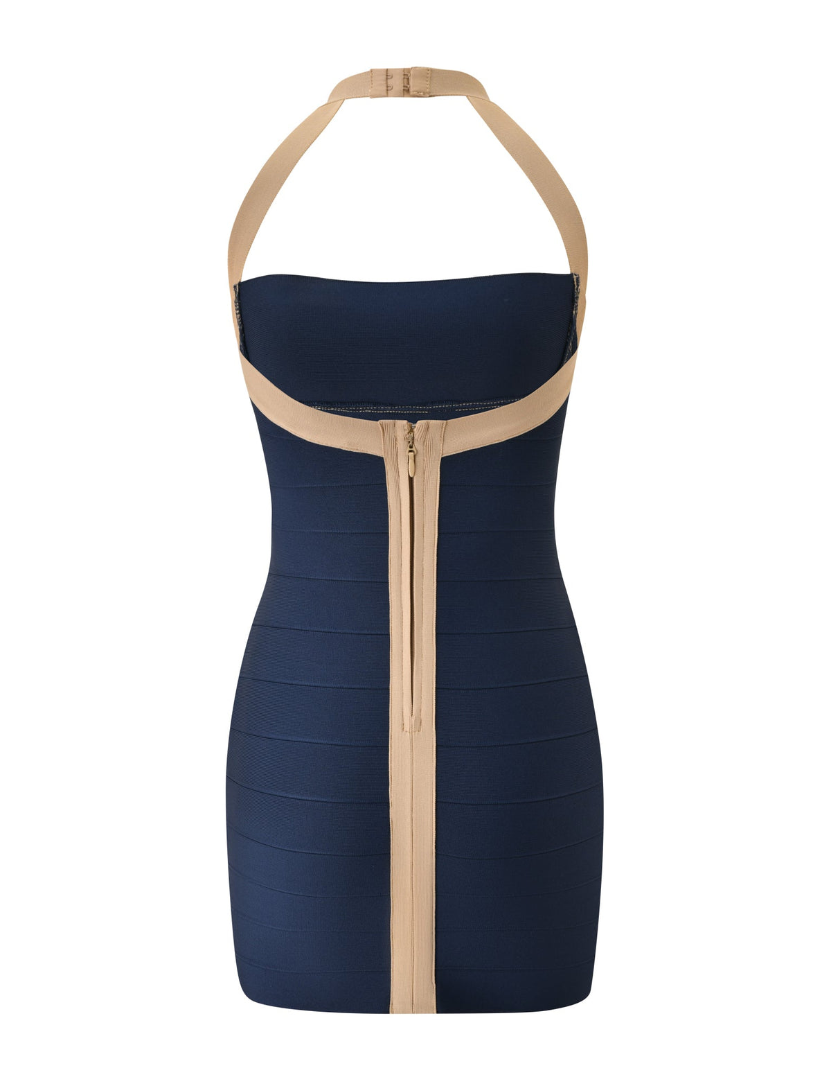 Meet the ELEANOR BANDAGE MINI DRESS - NAVY AND TAN by TIGERMIST: a sleeveless, fitted bodycon mini dress in navy blue, featuring a chic tan halter neck strap and bold zipper detailing that runs vertically down the front for a striking finish.