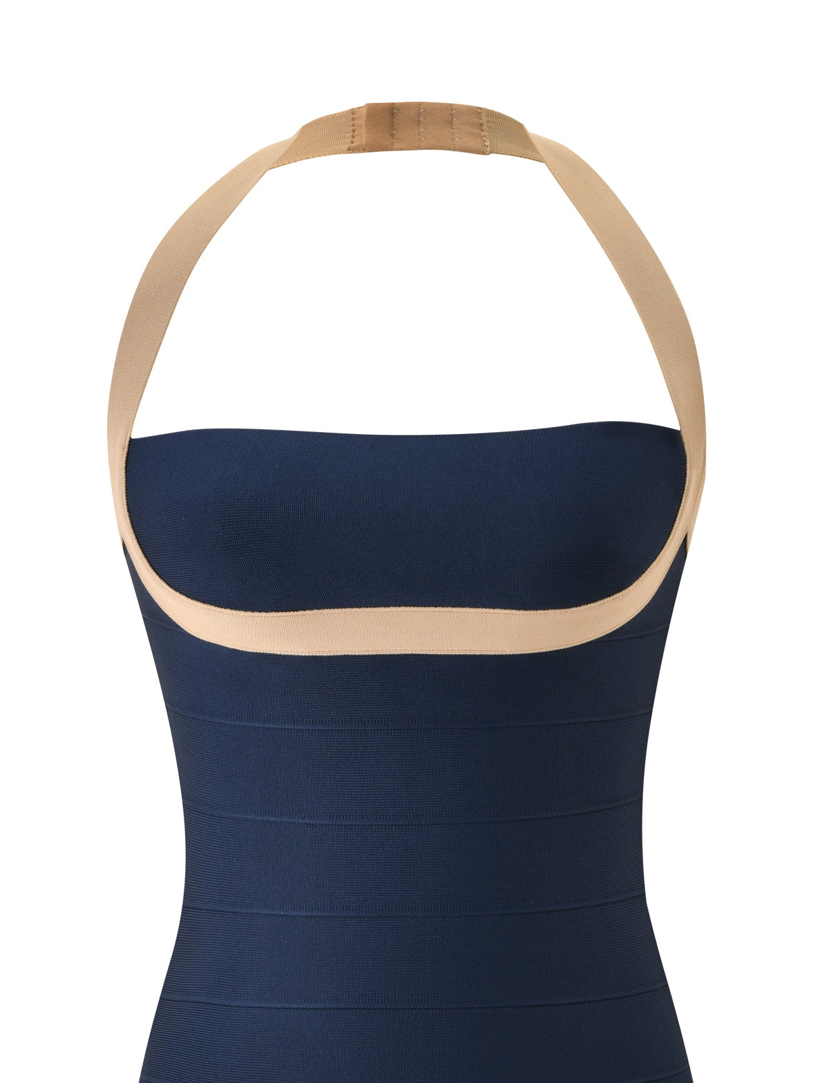 A close-up of the TIGERMIST ELEANOR BANDAGE MINI DRESS in navy and tan, showcasing a strapless silhouette with a thick beige halter strap and horizontal seam detailing for a sleek bodycon mini dress look.