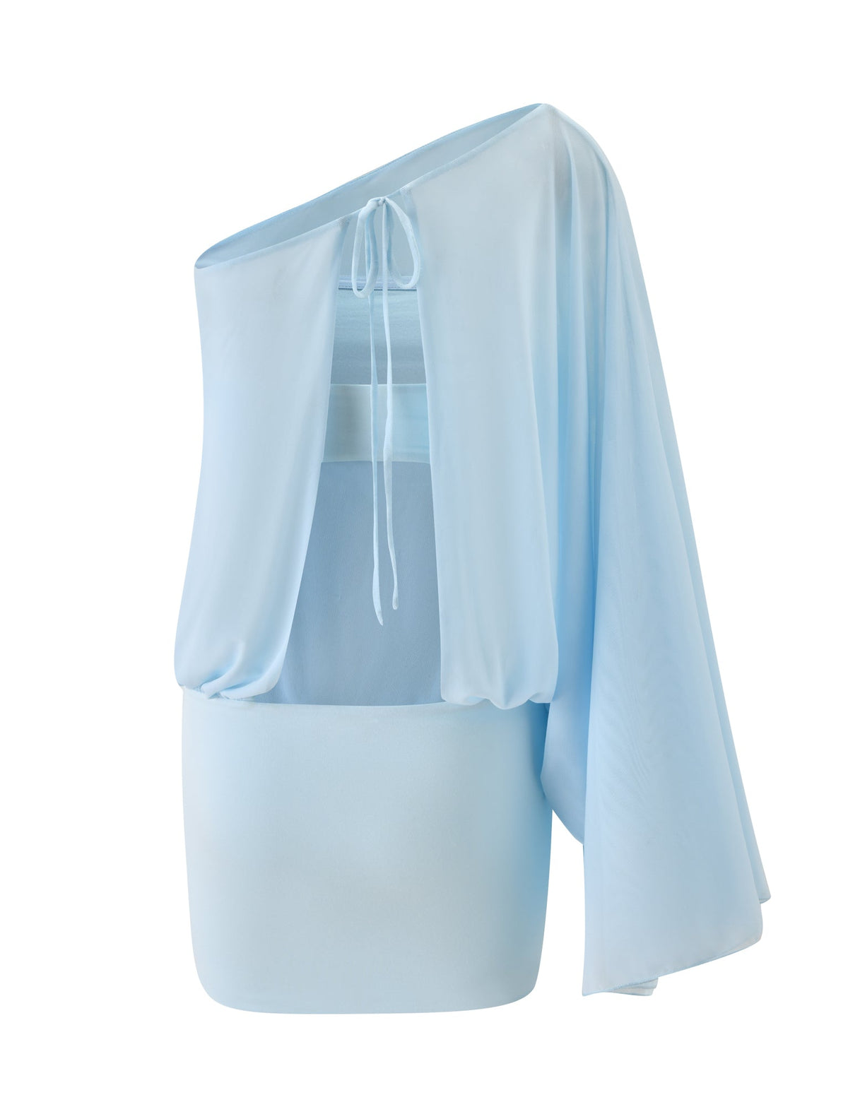 CAMILLE MINI DRESS - BLUE, a light blue off-the-shoulder mini dress with a draped overlay and tie detail.