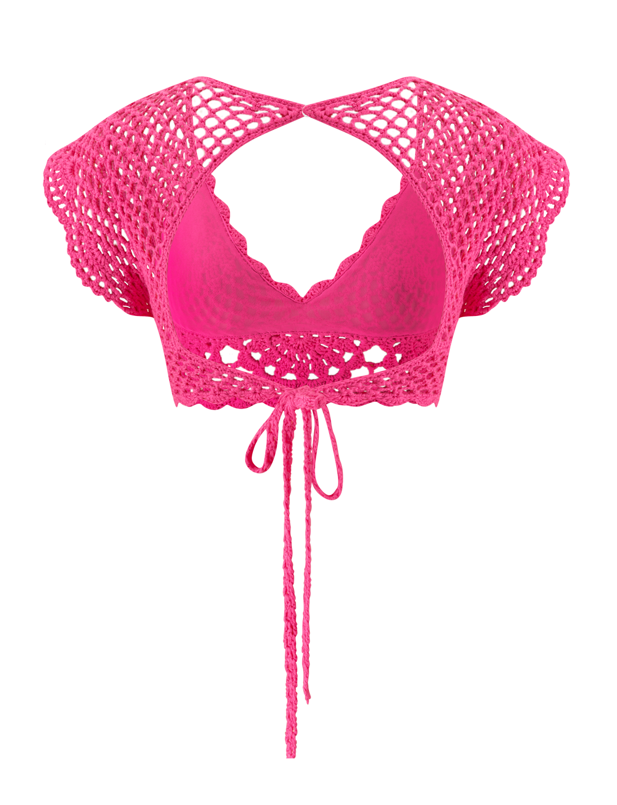 The SASHA CROCHET CROP TOP - HOT PINK by TIGERMIST features scalloped edges, open short sleeves, and a tie-front closure—a stylish festival top shown against a plain white background.