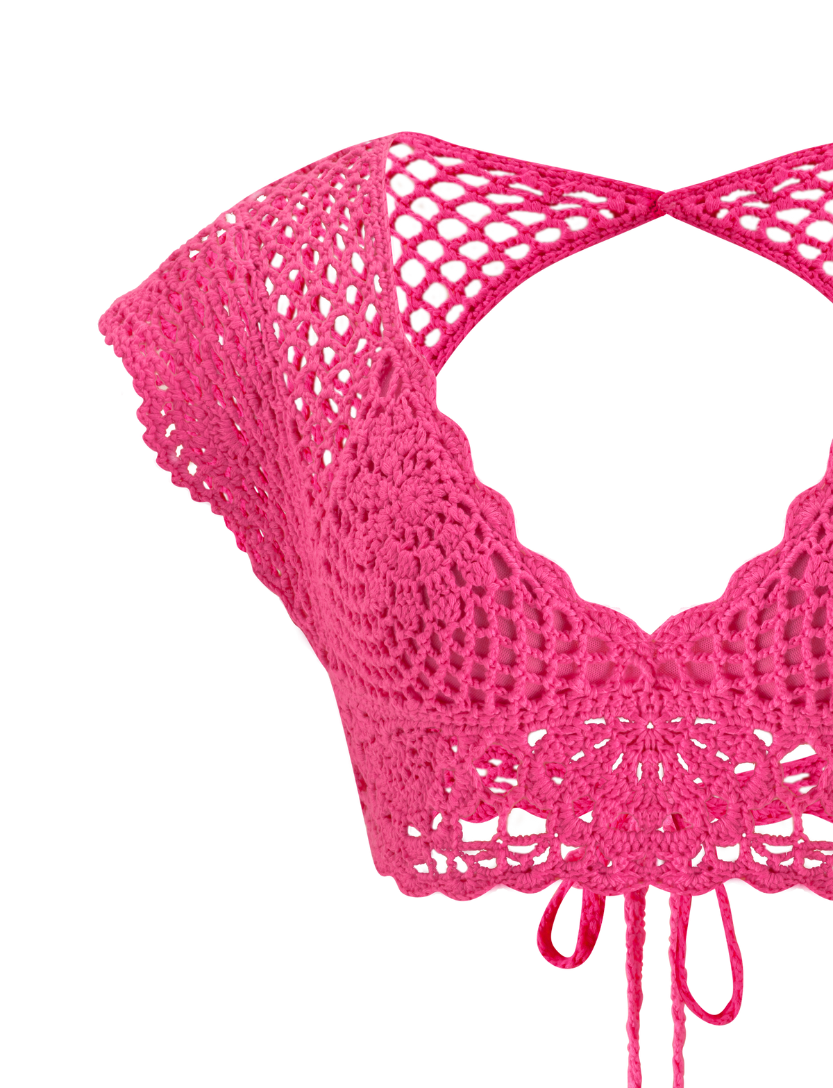 The SASHA CROCHET CROP TOP - HOT PINK by TIGERMIST features cap sleeves, an open lattice neckline, scalloped hem, and a playful front tie—perfect for festivals.