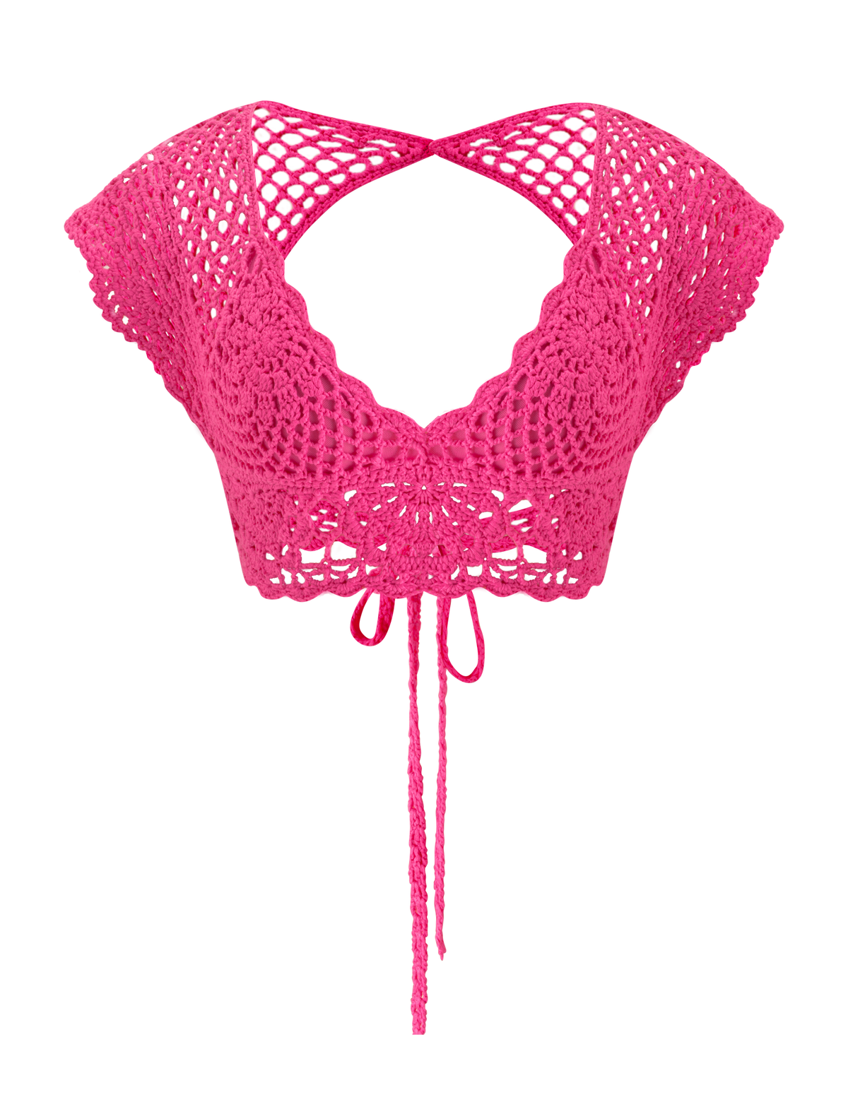 The SASHA CROCHET CROP TOP - HOT PINK by TIGERMIST features a halter neck, scalloped edges, open front, and adjustable ties—perfect as a bold festival statement.