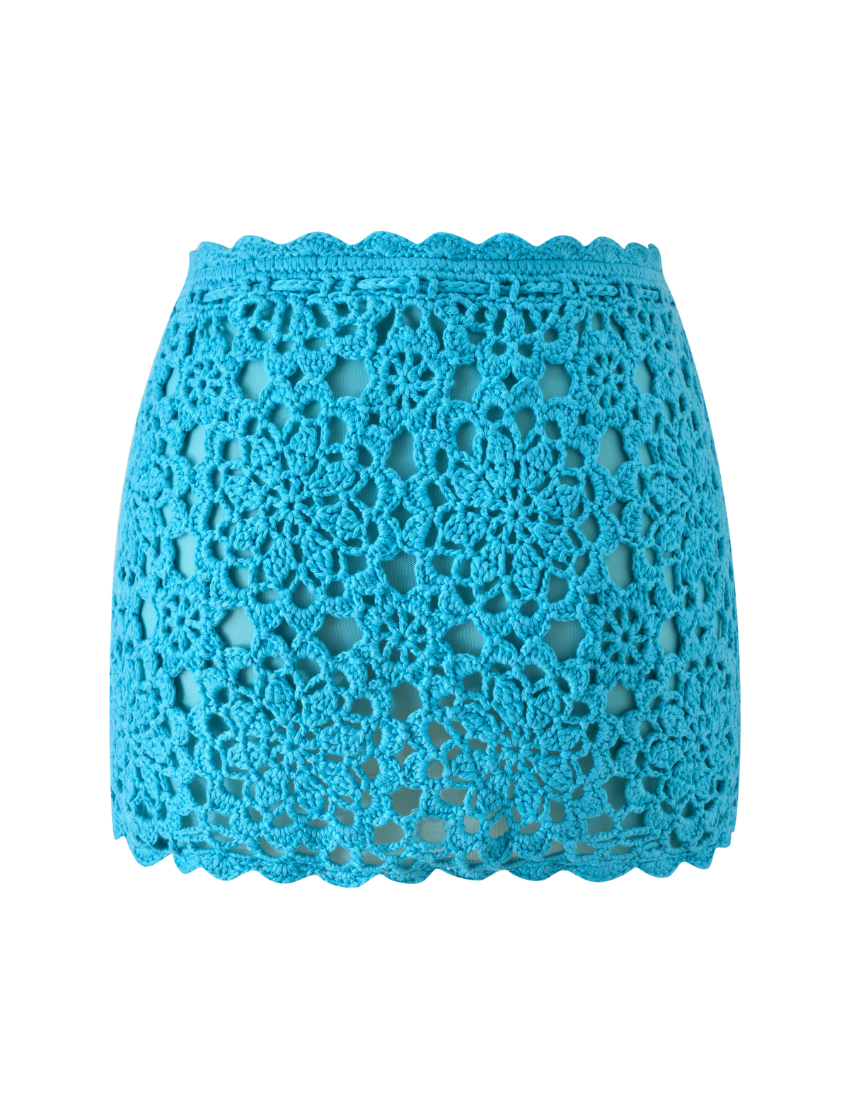SASHA CROCHET MINI SKIRT - AQUA in bright aqua blue with an intricate floral pattern and a scalloped hem.