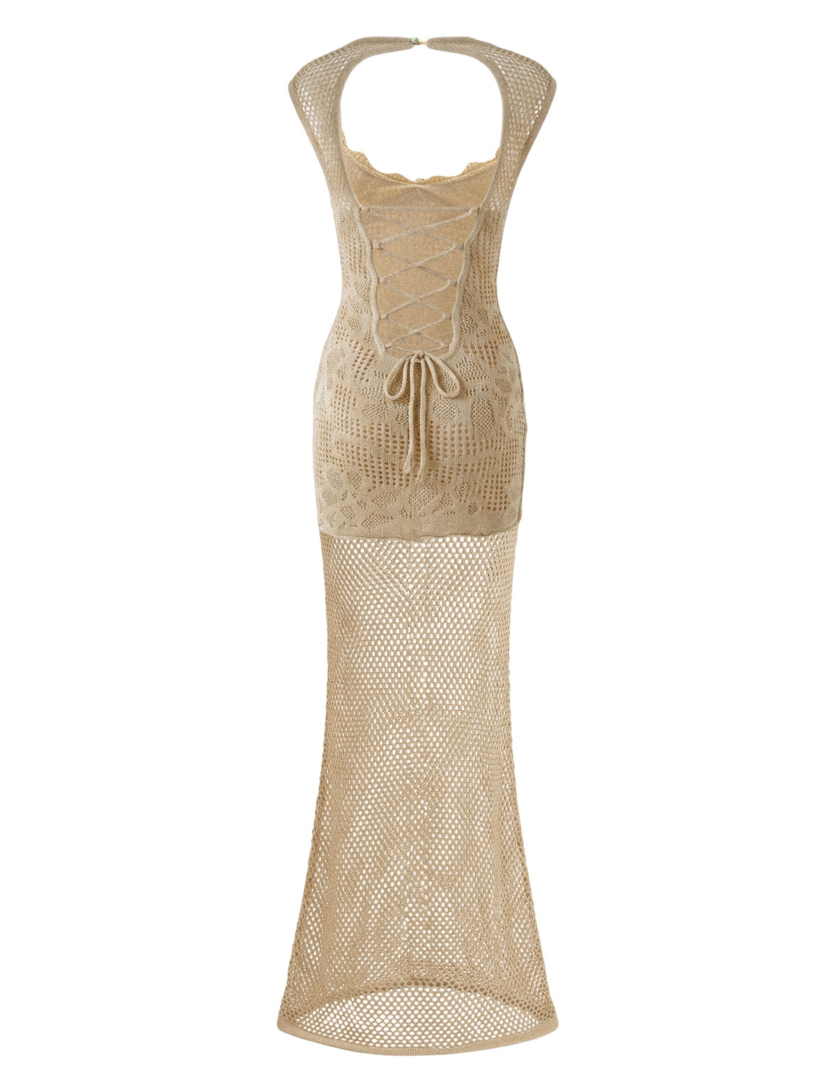 SASHA CROCHET MAXI DRESS - GOLD: A gold crochet knit maxi dress featuring a corset-style lace-up back bodice and a sheer, open-weave floor-length skirt.