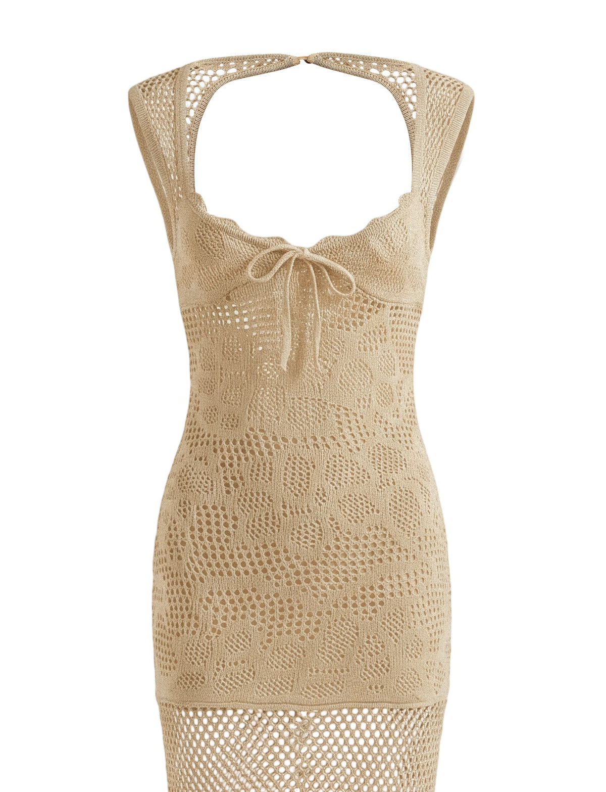SASHA CROCHET MAXI DRESS - GOLD: A gold crochet mini dress with a scalloped neckline, cap sleeves, a tie detail at the center chest, and a corset-style lace-up back.