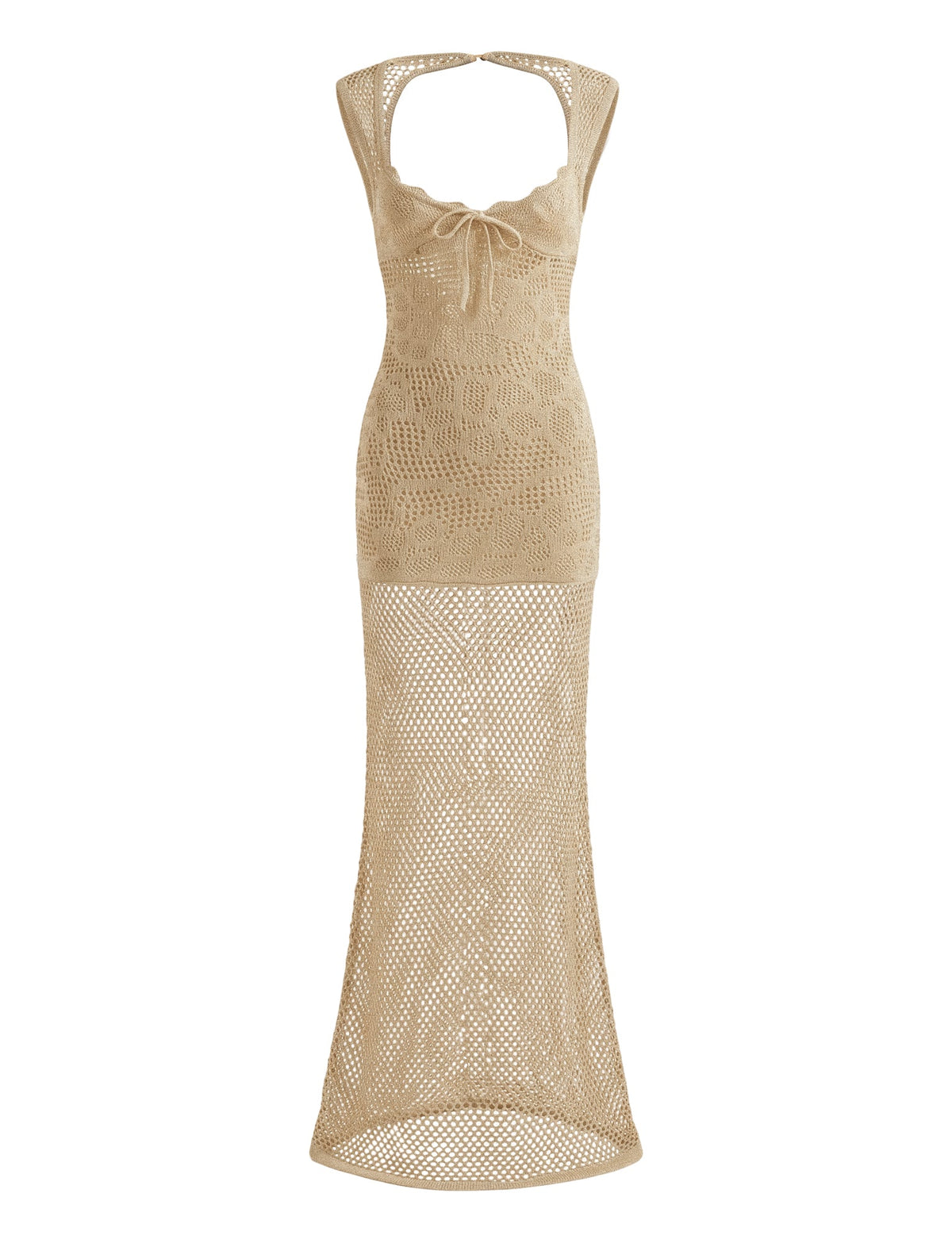 TIGERMIST SASHA CROCHET MAXI DRESS - GOLD in tan with a tie-front neckline, an open mesh skirt, and a corset-style lace-up back.