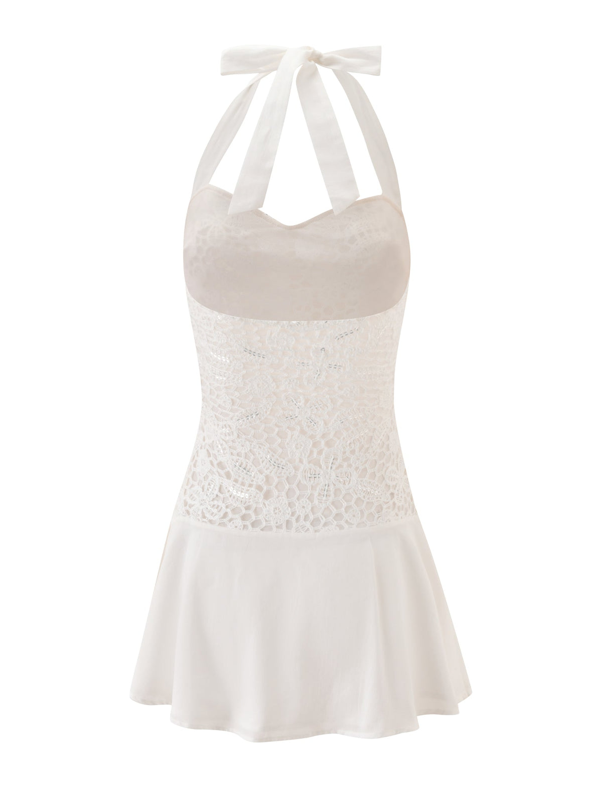 ELOUISE MINI DRESS - CREAM, a cream-colored crochet mini dress with a lace bodice, halter neckline, and a tie at the back of the neck.