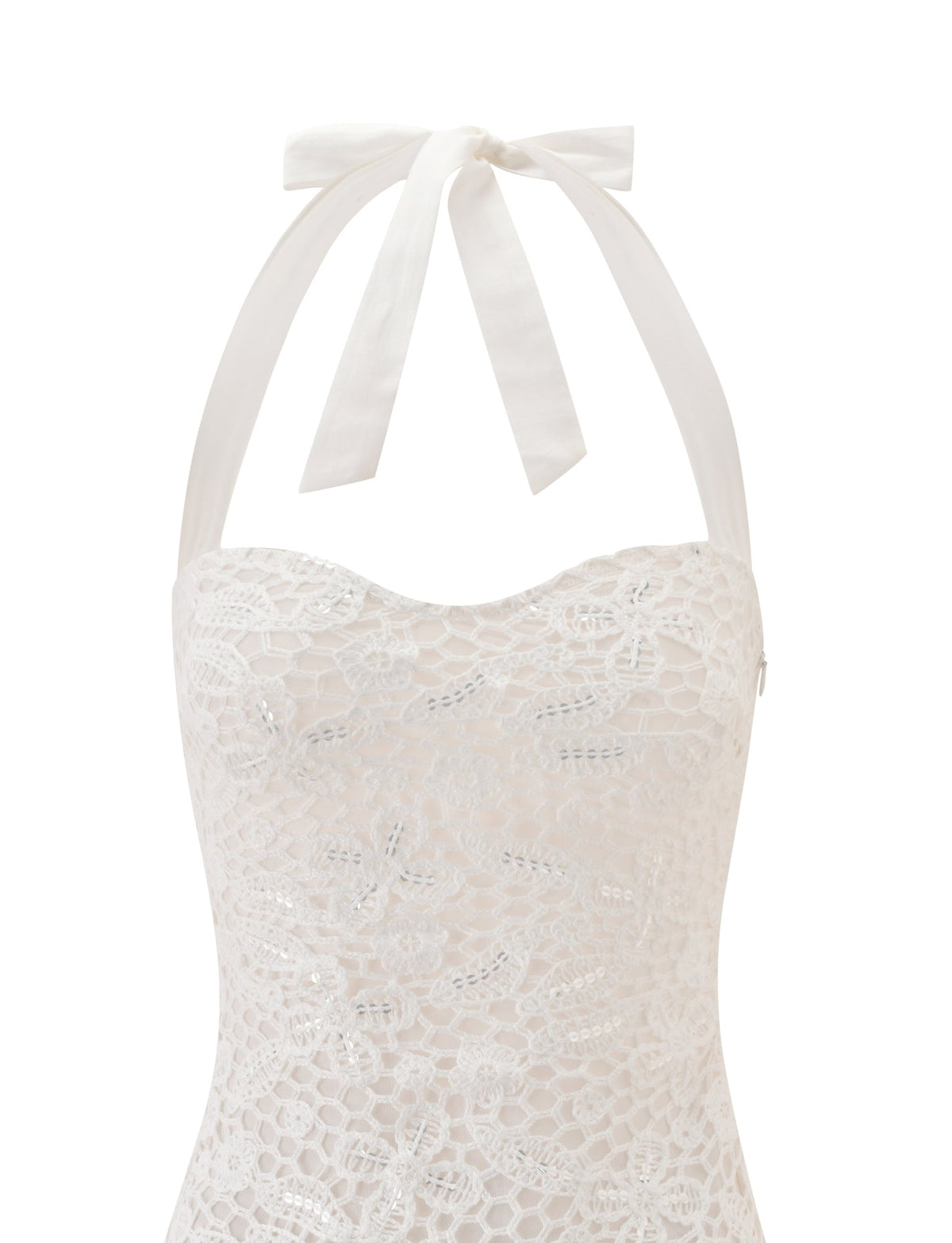Cream-colored ELOUISE MINI DRESS - CREAM crochet mini dress with a halter neckline that ties at the back.