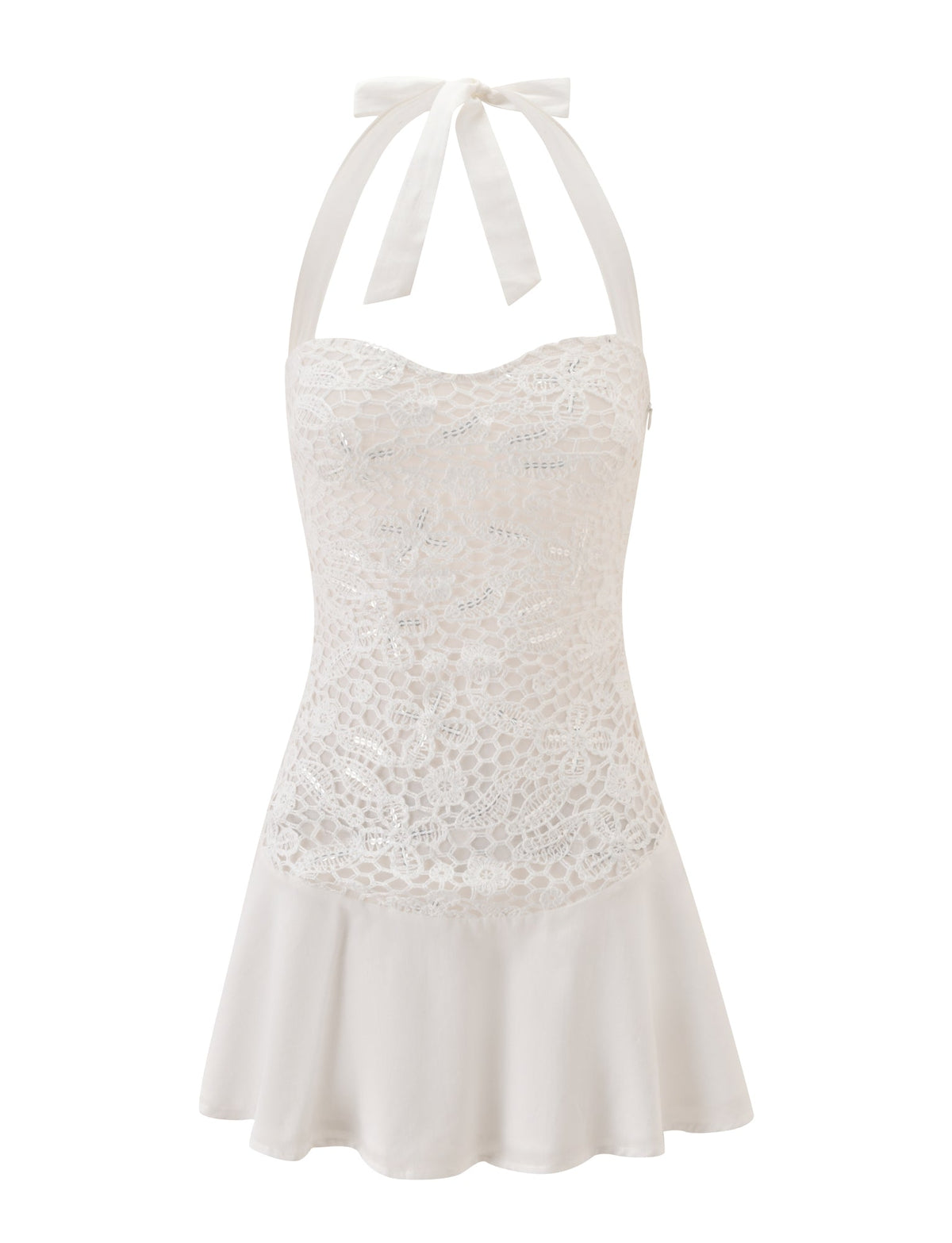 ELOUISE MINI DRESS - CREAM, a crochet mini dress featuring a lace bodice, sweetheart neckline, and a tie-neck halter strap.