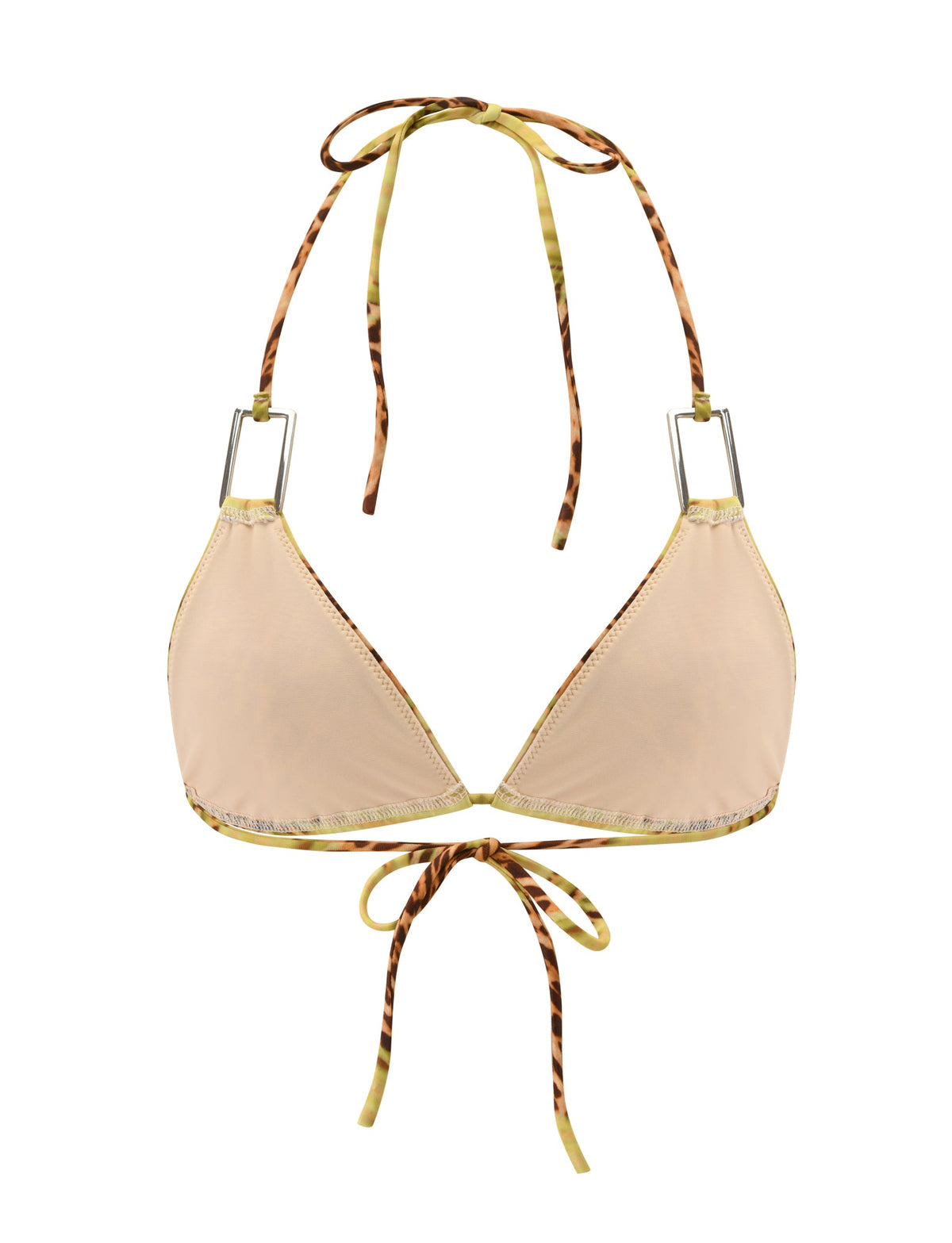 Beige SCOTTIE BIKINI TOP - ELECTRIC LEOPARD triangle top with leopard print straps, silver rectangular hardware connectors, and adjustable back ties.