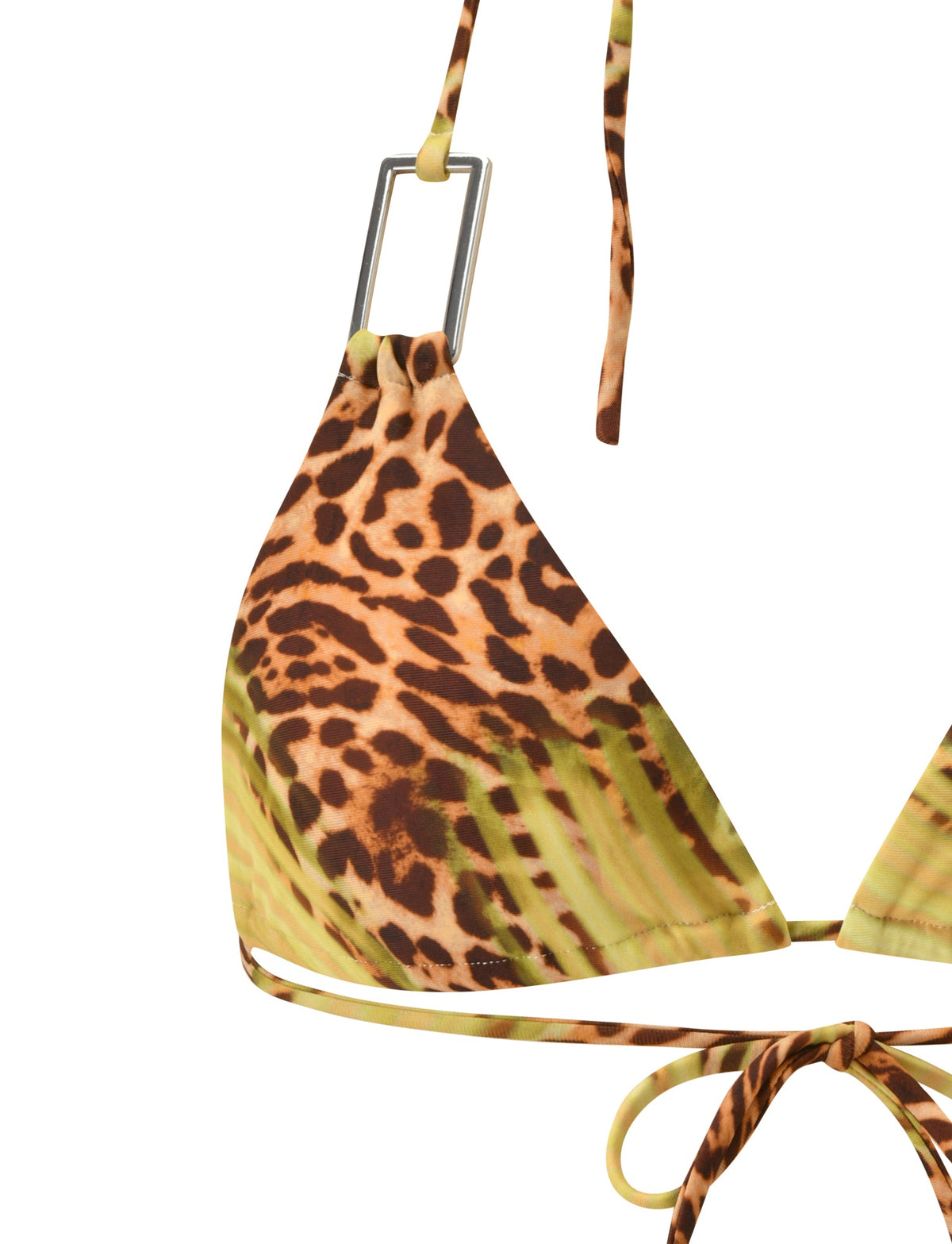 SCOTTIE BIKINI TOP - ELECTRIC LEOPARD triangle bikini top featuring a yellow palm leaf pattern and a silver rectangular hardware detail on the shoulder strap.