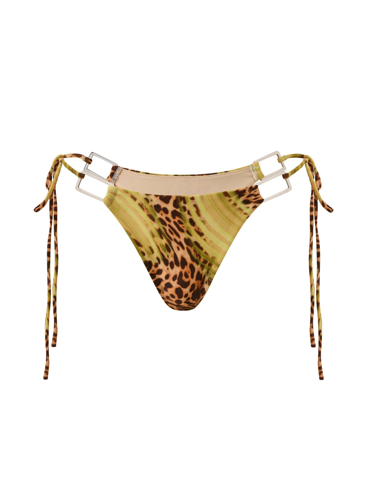TIGERMIST SCOTTIE BIKINI BOTTOM - ELECTRIC LEOPARD featuring a green and brown animal print with silver rectangular hardware at the hips and adjustable side ties.