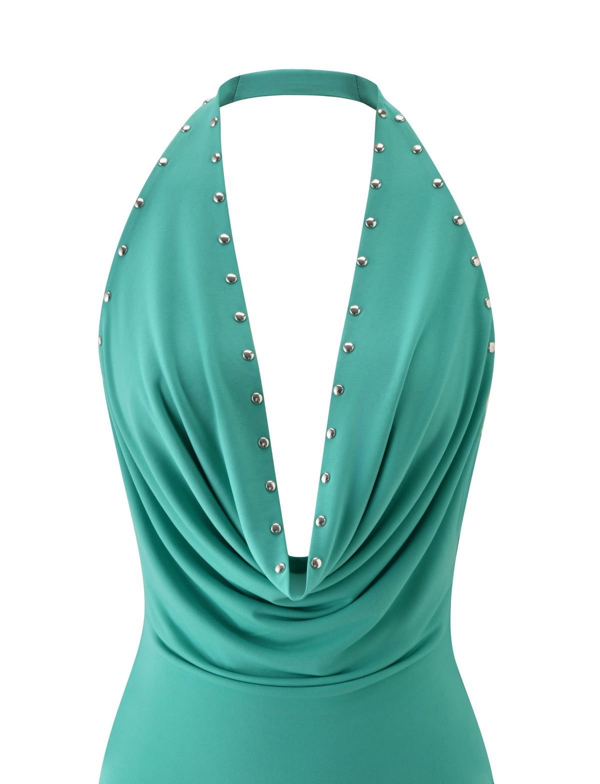 LEAH MINI DRESS - TURQUOISE halter mini dress with a draped cowl neckline and silver stud detailing along the straps.