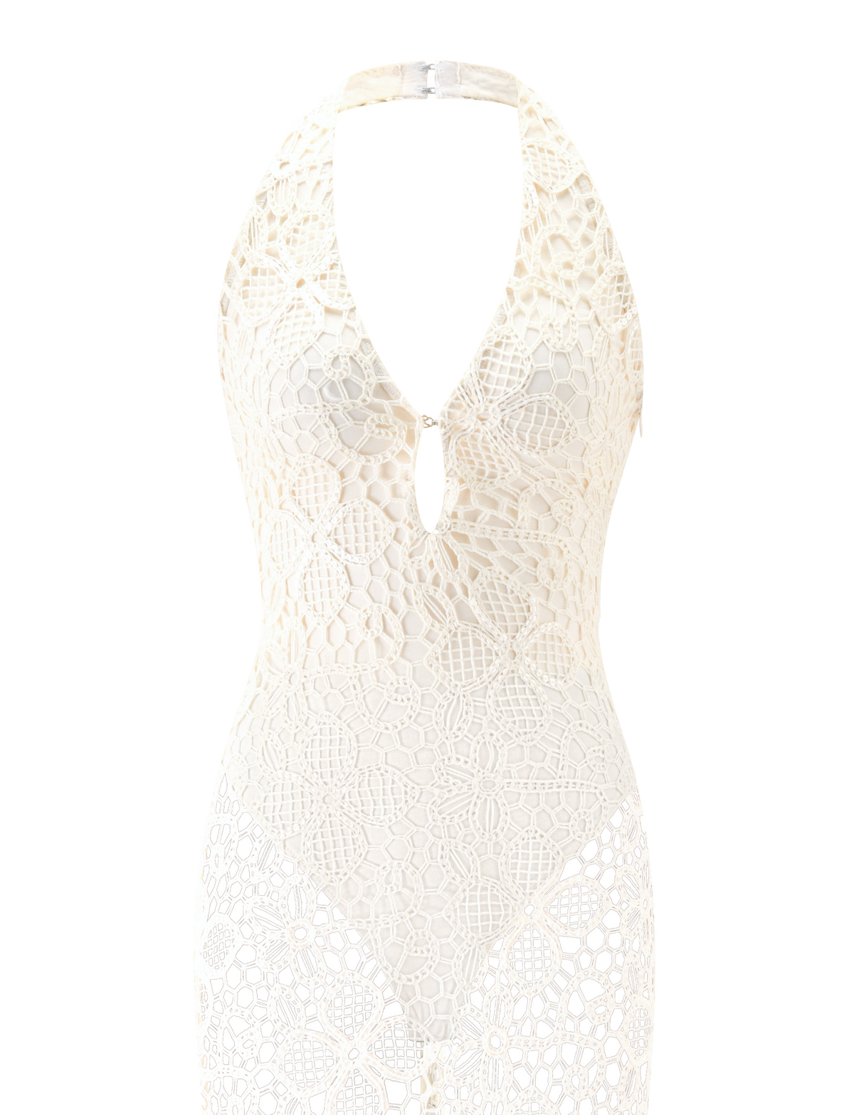 Cream-colored LARKIN MAXI DRESS - CREAM featuring a halter neck and an intricate crochet lace overlay.