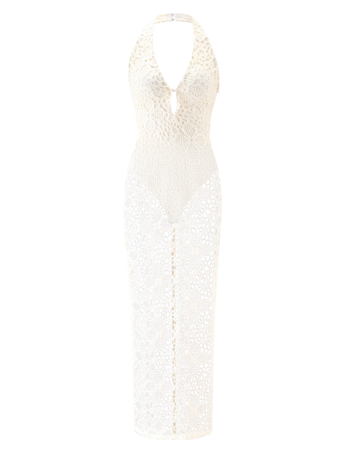LARKIN MAXI DRESS - CREAM in a crochet lace design featuring a halter neckline and a front keyhole detail.