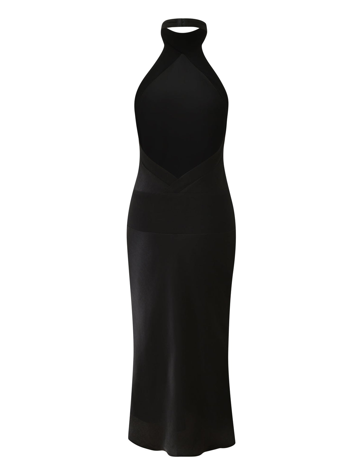 TIGERMIST ZAYA MIDI DRESS - BLACK in black satin with a halter neckline, an open back, and a fitted waistband.